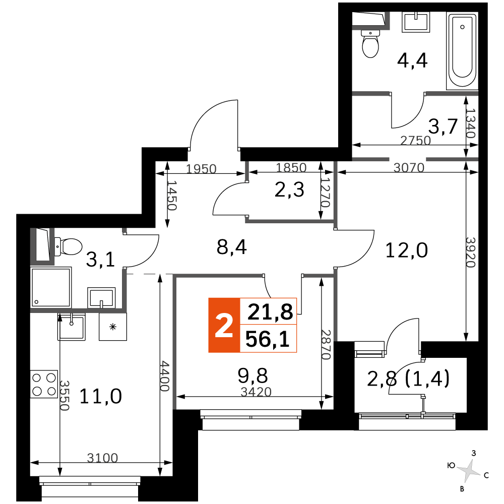 2 комн. квартира, 56.4 м², 9 этаж 