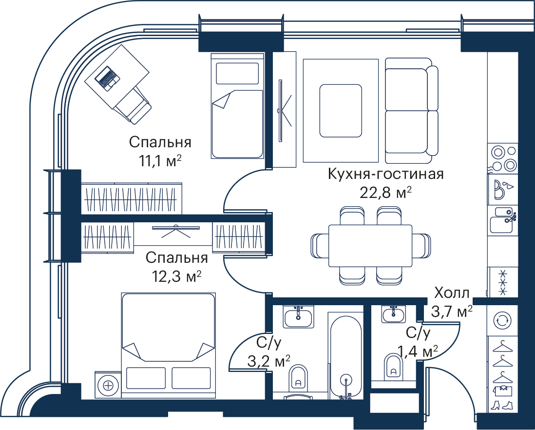 2 комн. квартира, 54.4 м², 18 этаж 