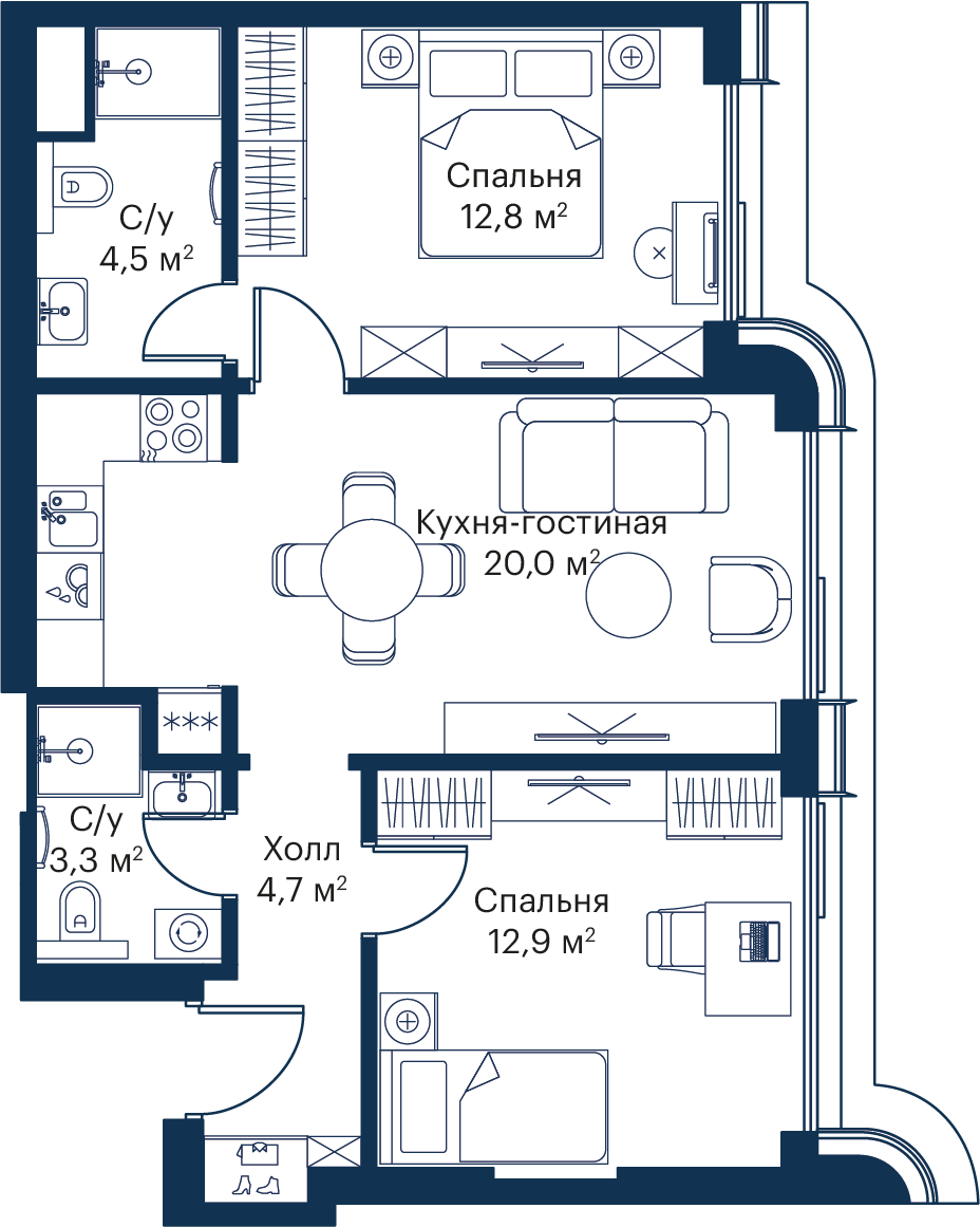 2 комн. квартира, 58.2 м², 34 этаж 