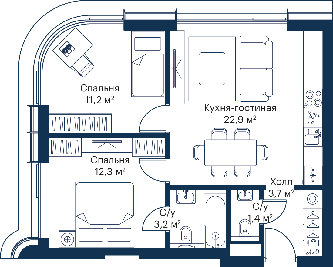 2 комн. квартира, 54.7 м², 34 этаж 