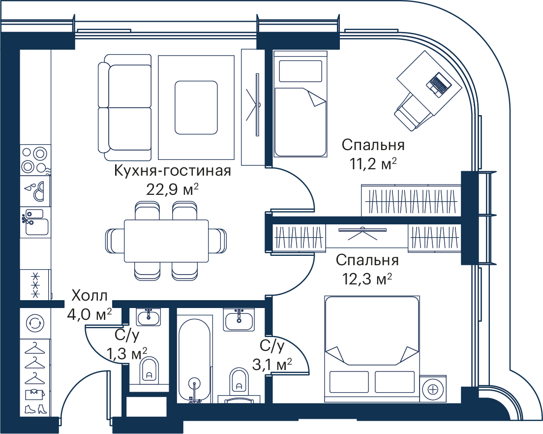 2 комн. квартира, 54.7 м², 41 этаж 
