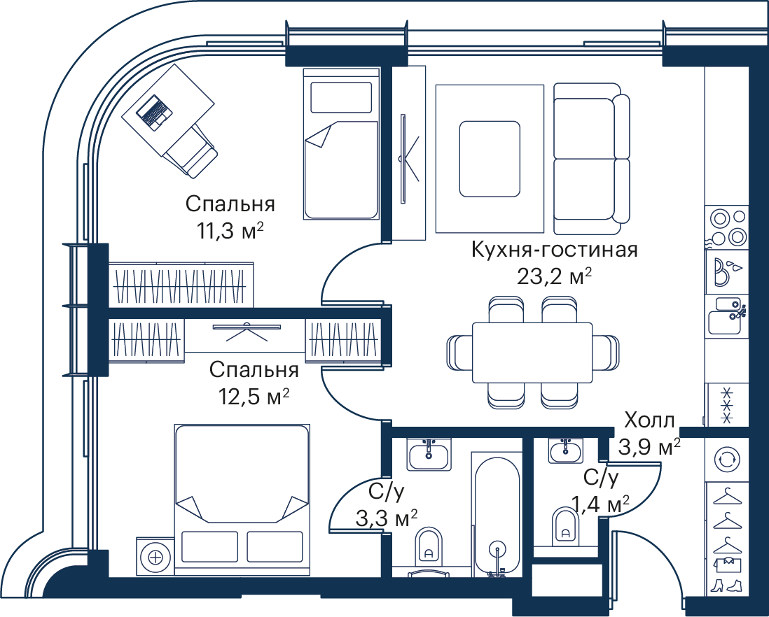 2 комн. квартира, 55.6 м², 51 этаж 