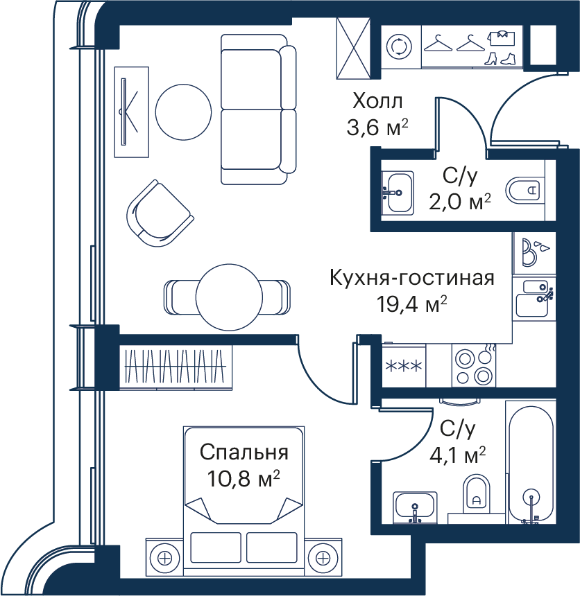 1 комн. квартира, 39.9 м², 33 этаж 