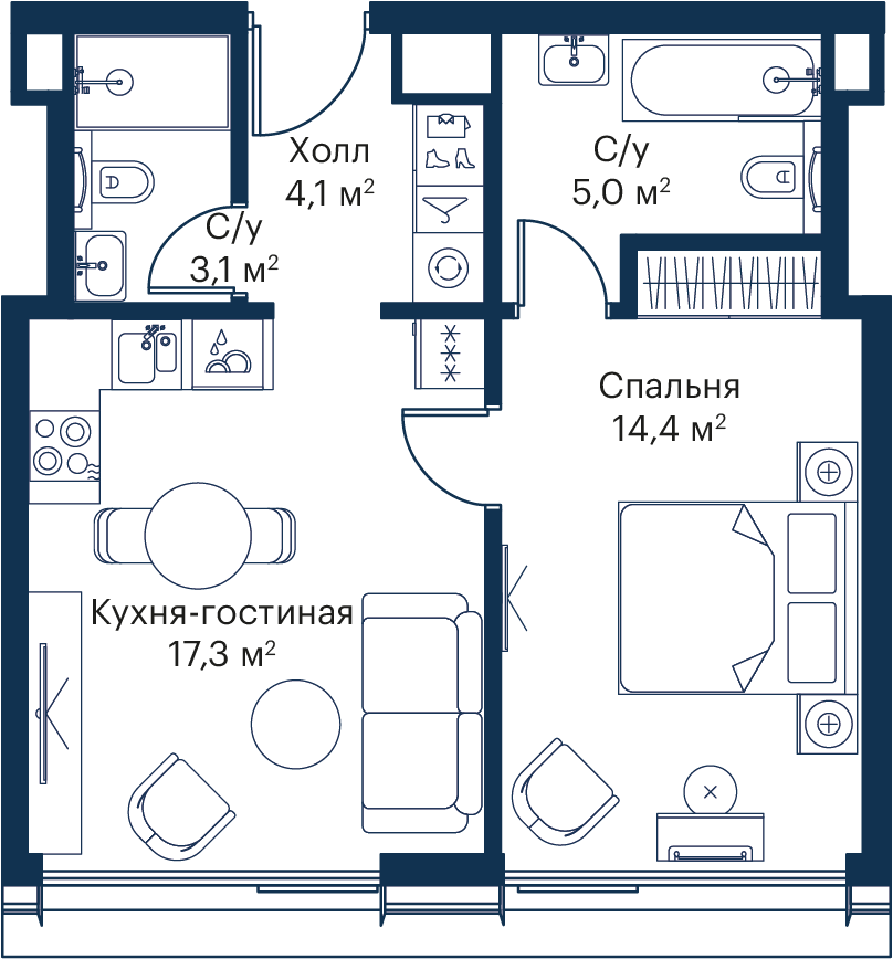 1 комн. квартира, 43.9 м², 49 этаж 