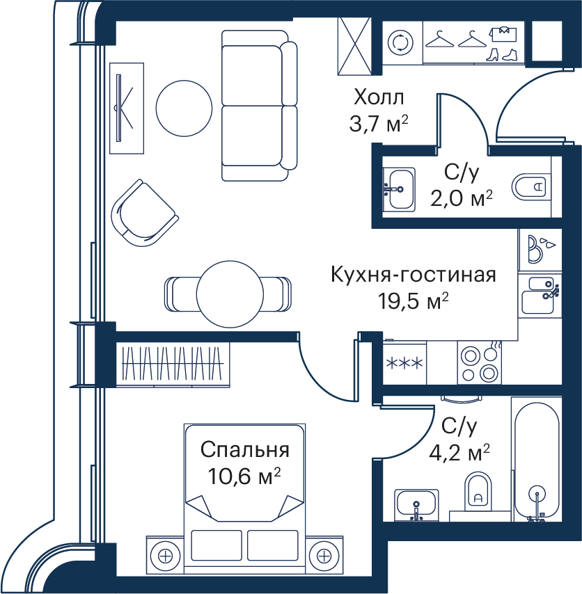 1 комн. квартира, 39.9 м², 49 этаж 