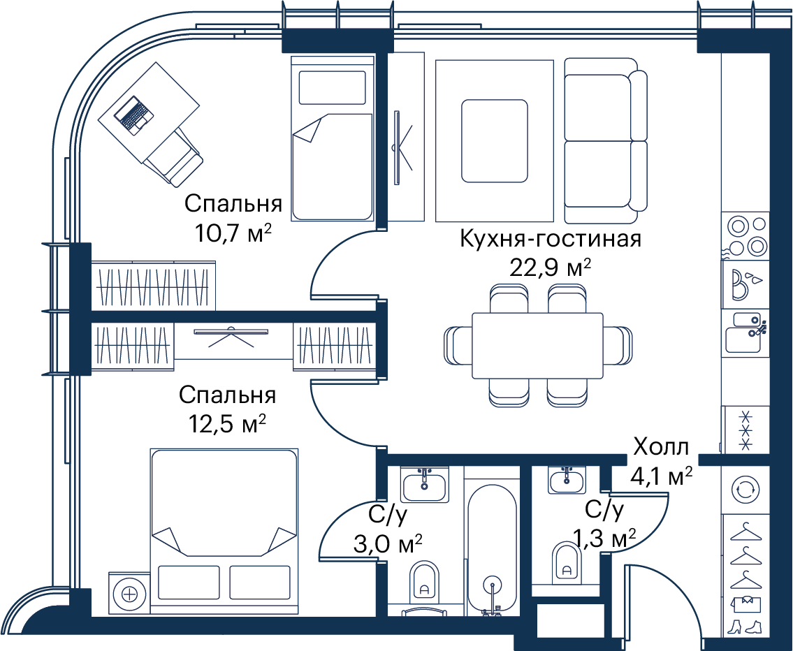 2 комн. квартира, 54.5 м², 47 этаж 