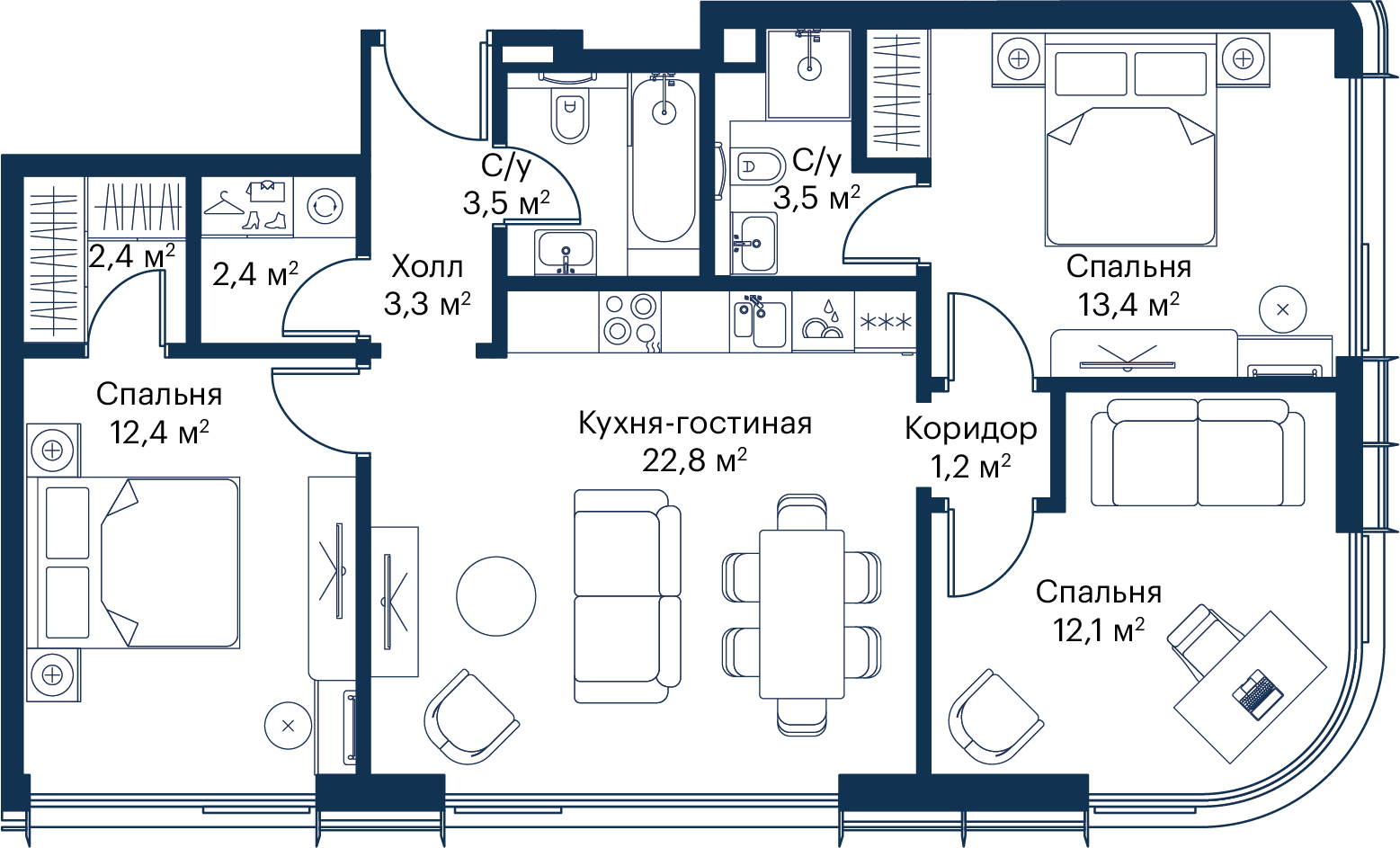 3 комн. квартира, 76.9 м², 46 этаж 