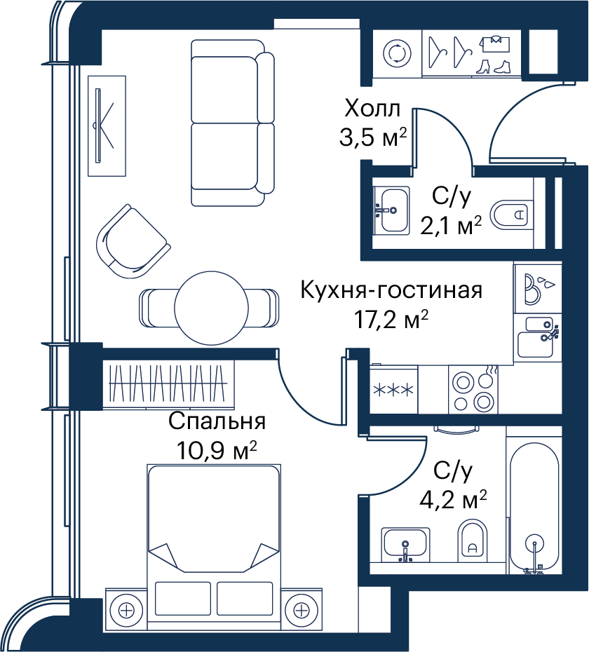 1 комн. квартира, 37.9 м², 28 этаж 
