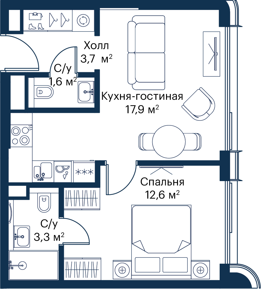 1 комн. квартира, 39.1 м², 46 этаж 