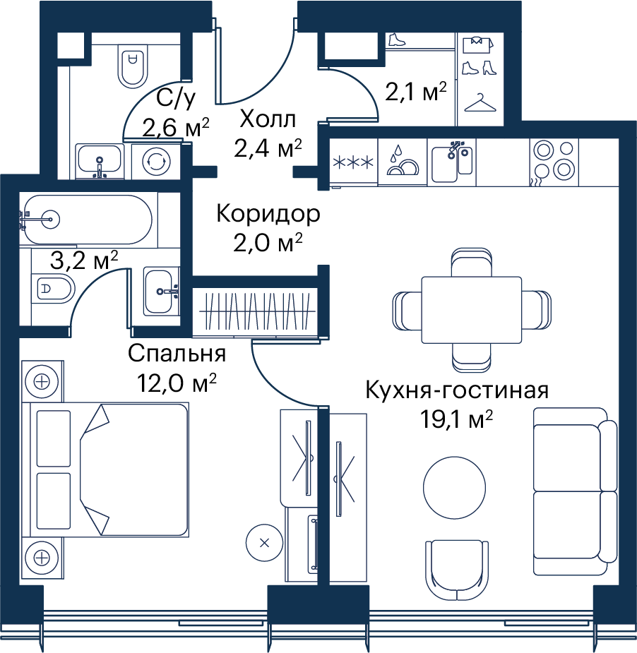1 комн. квартира, 43.3 м², 12 этаж 