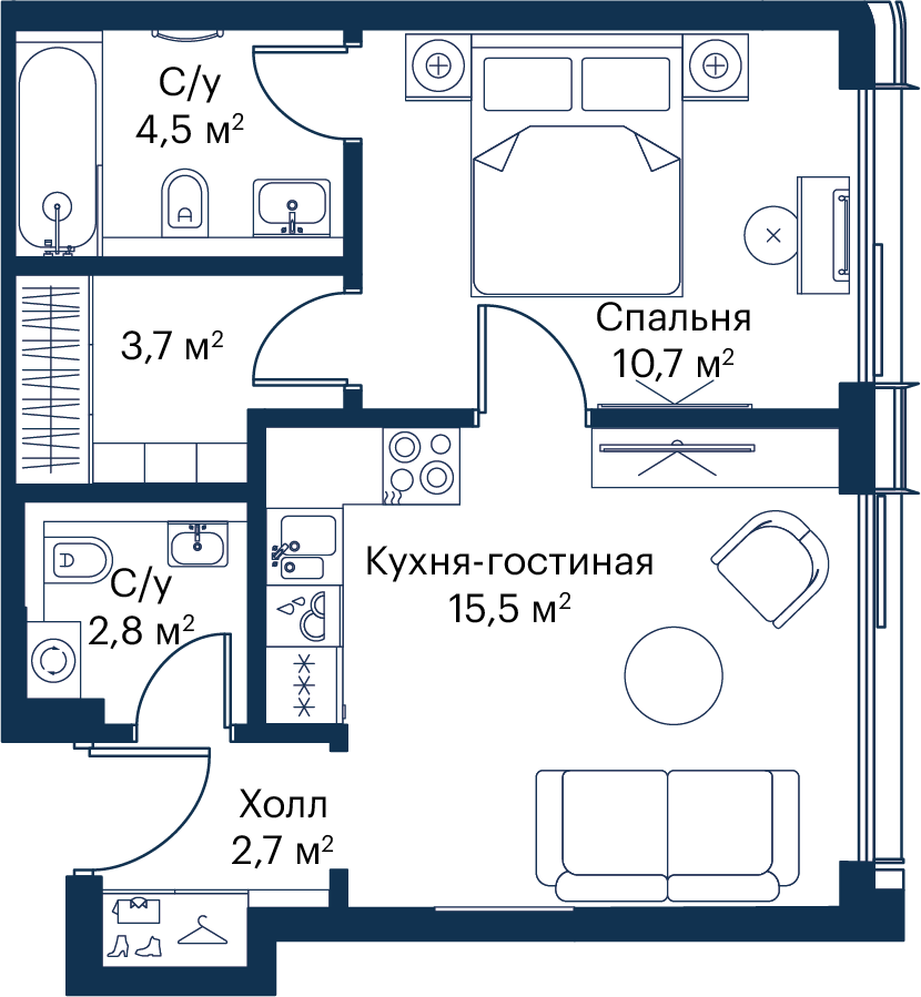 1 комн. квартира, 39.8 м², 52 этаж 