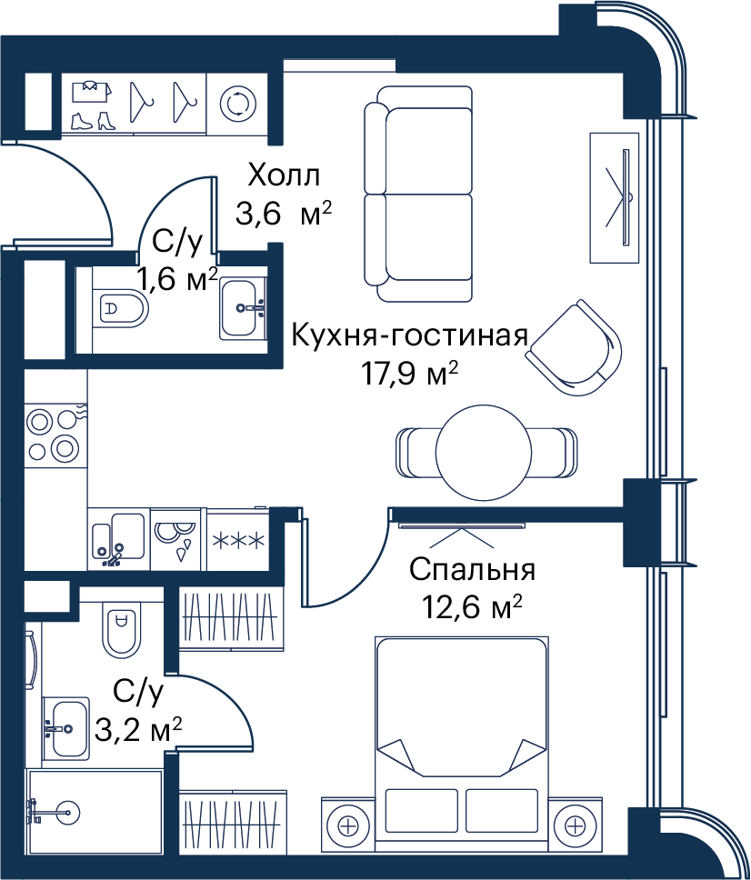1 комн. квартира, 38.9 м², 33 этаж 