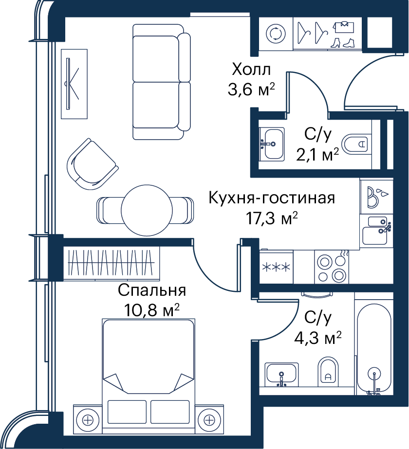 1 комн. квартира, 38.1 м², 45 этаж 