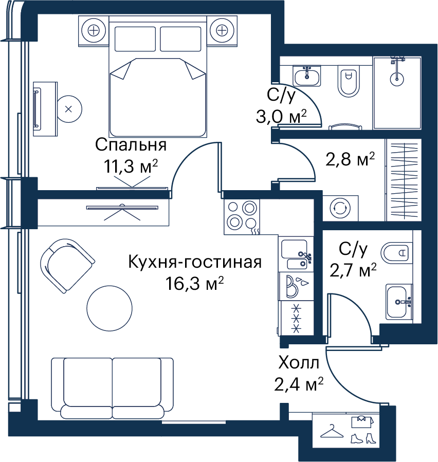 1 комн. квартира, 38.4 м², 52 этаж 