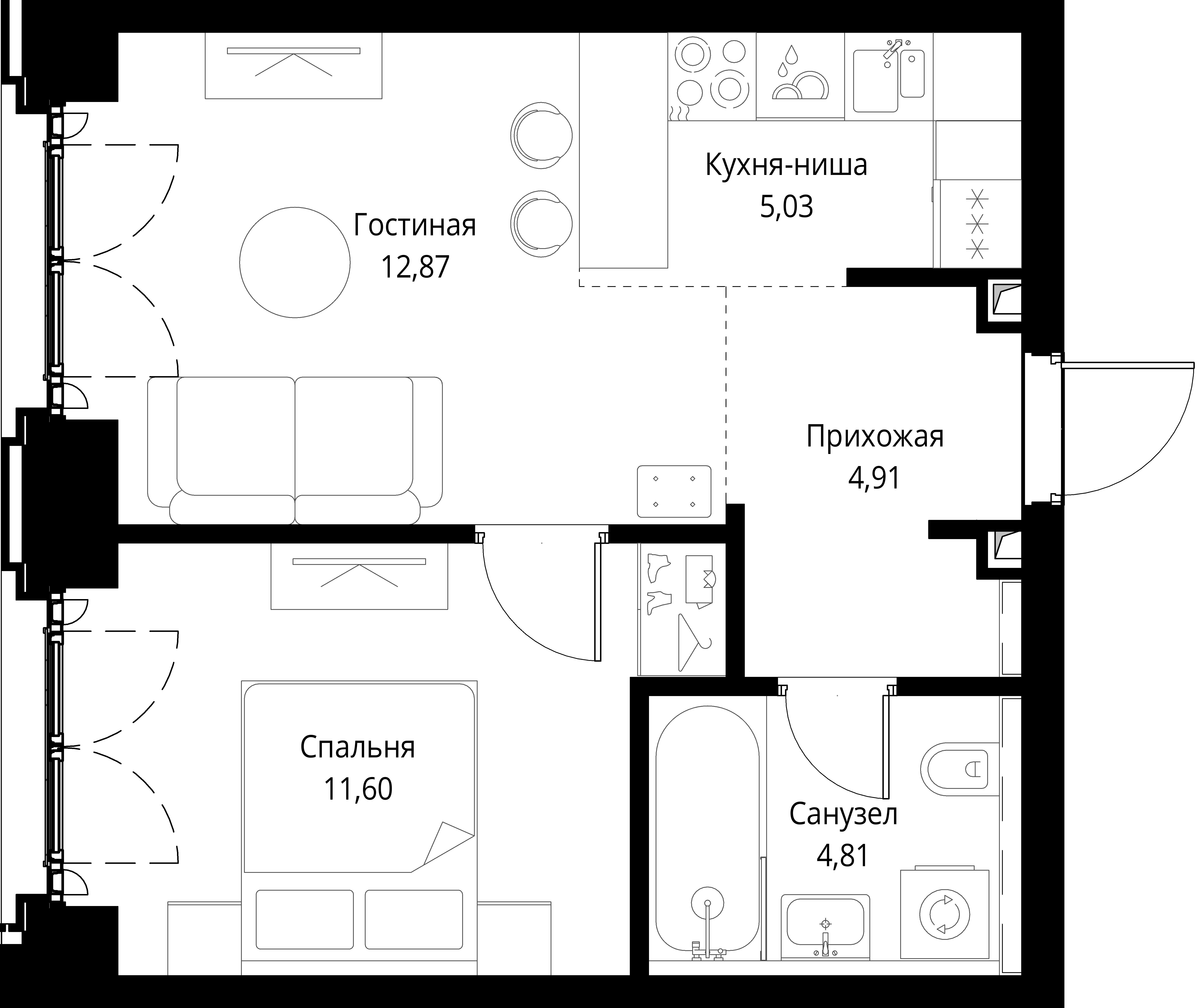 1 комн. квартира, 39.2 м², 2 этаж 