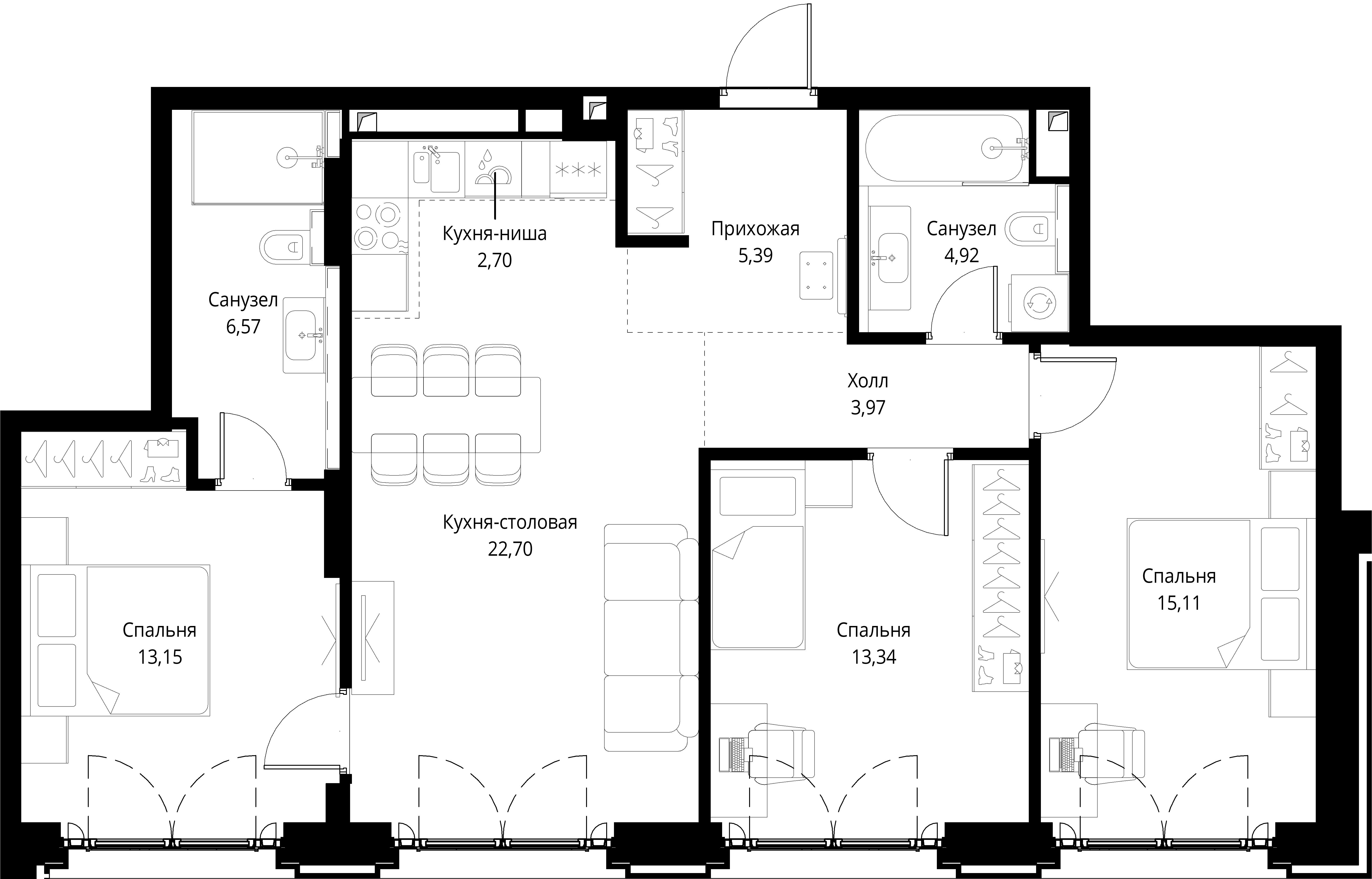 3 комн. квартира, 87.8 м², 3 этаж 