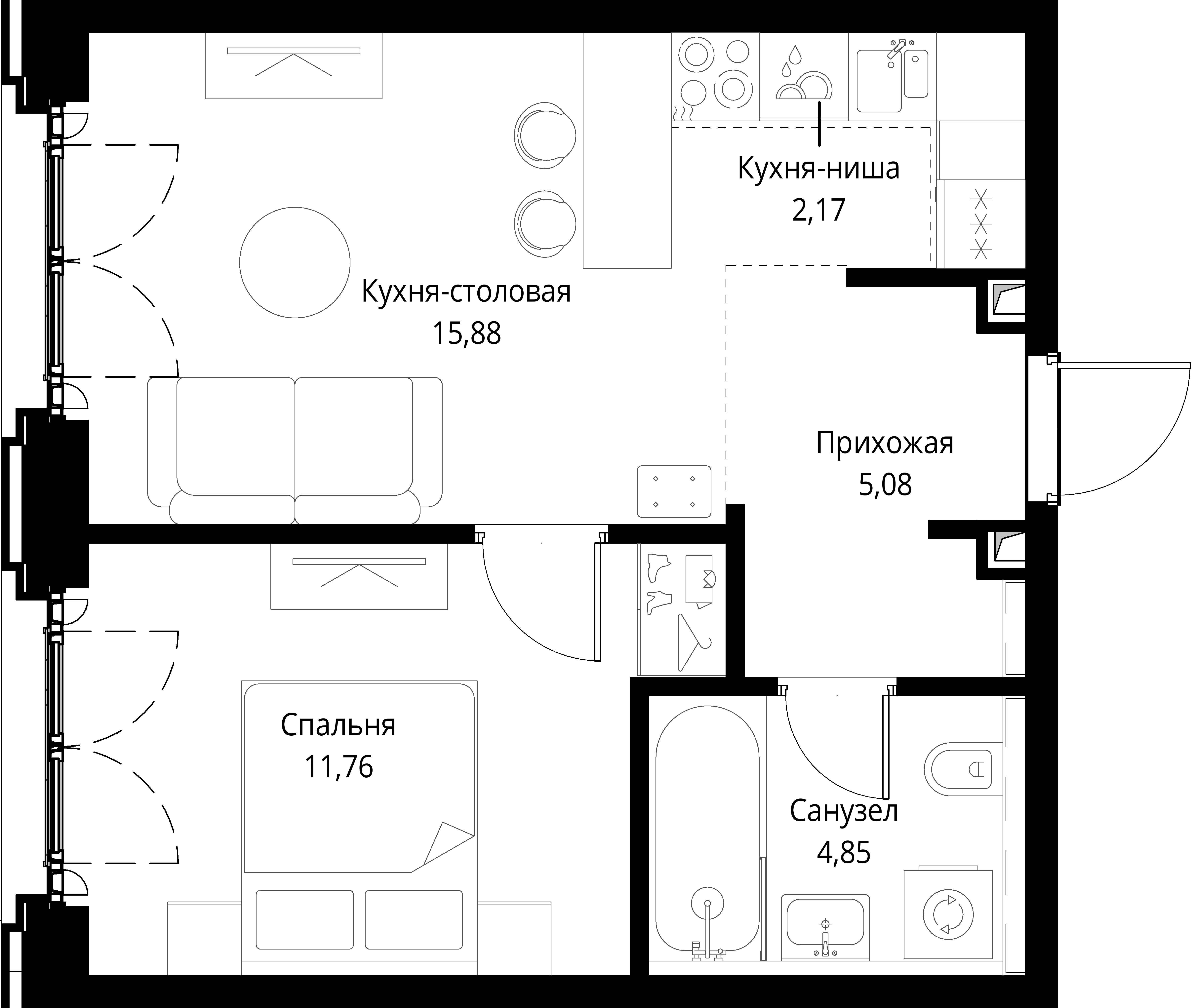1 комн. квартира, 39.8 м², 6 этаж 