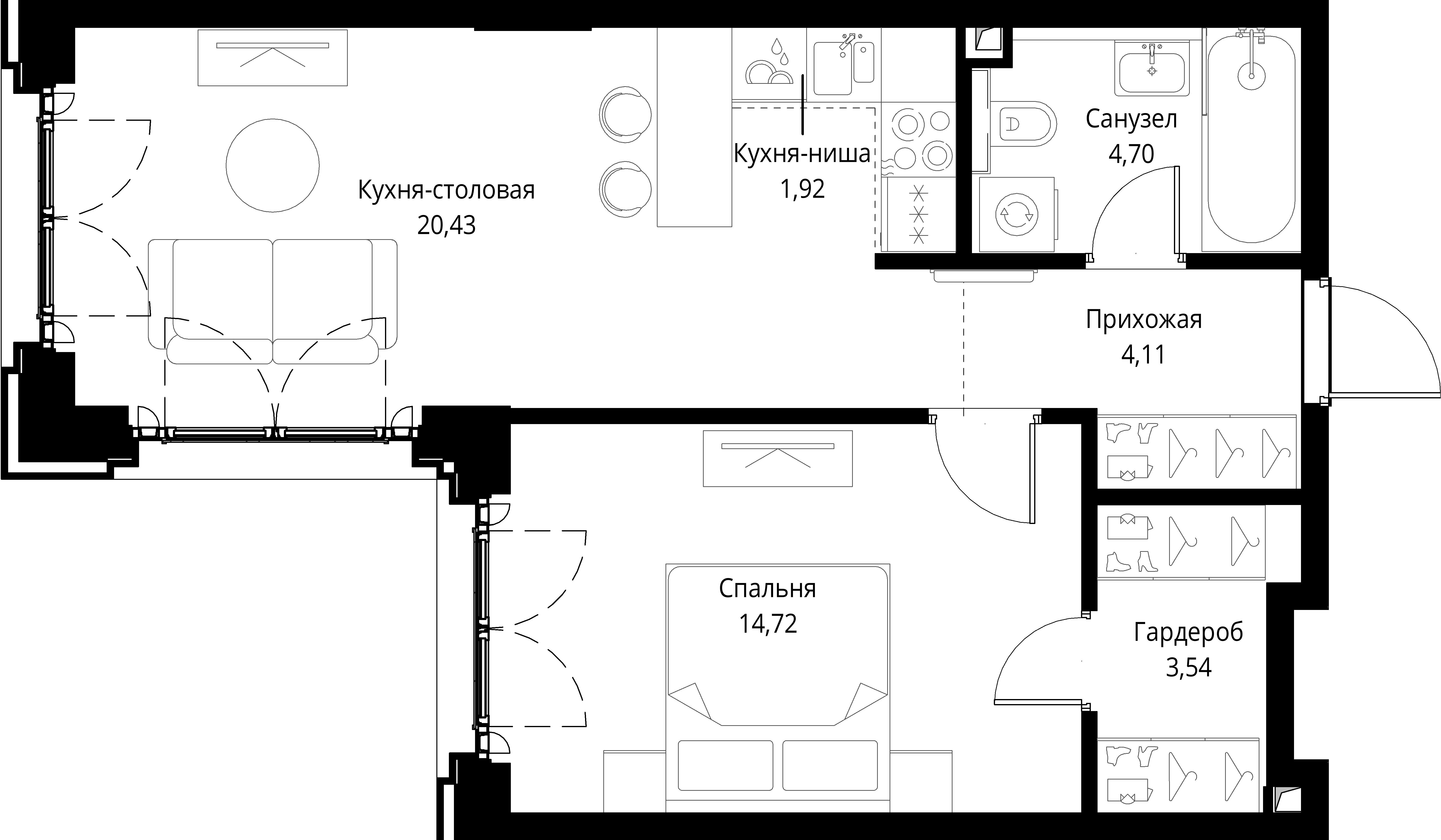1 комн. квартира, 49.4 м², 14 этаж 