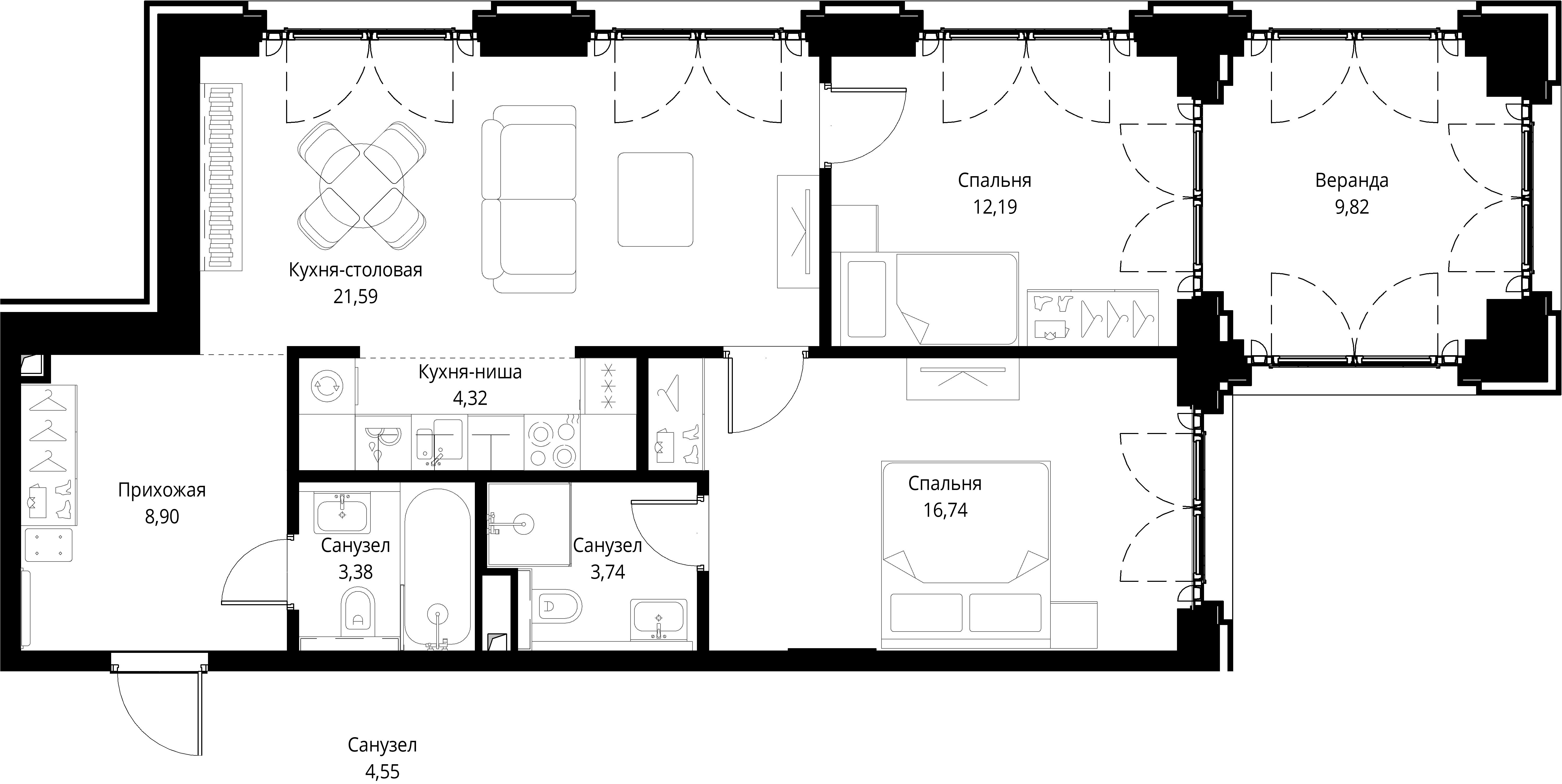 2 комн. квартира, 80.7 м², 12 этаж 