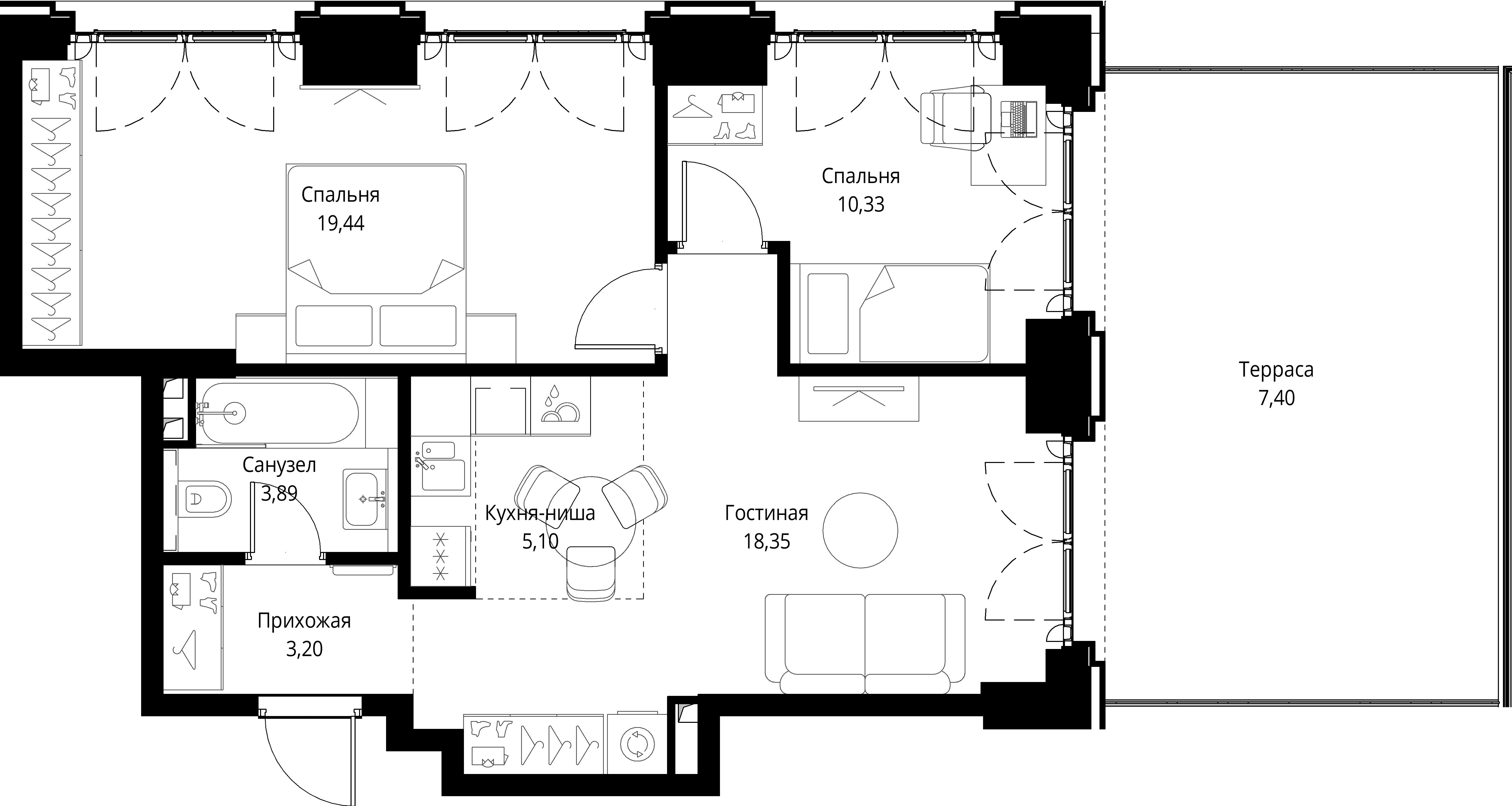 2 комн. квартира, 67.7 м², 2 этаж 