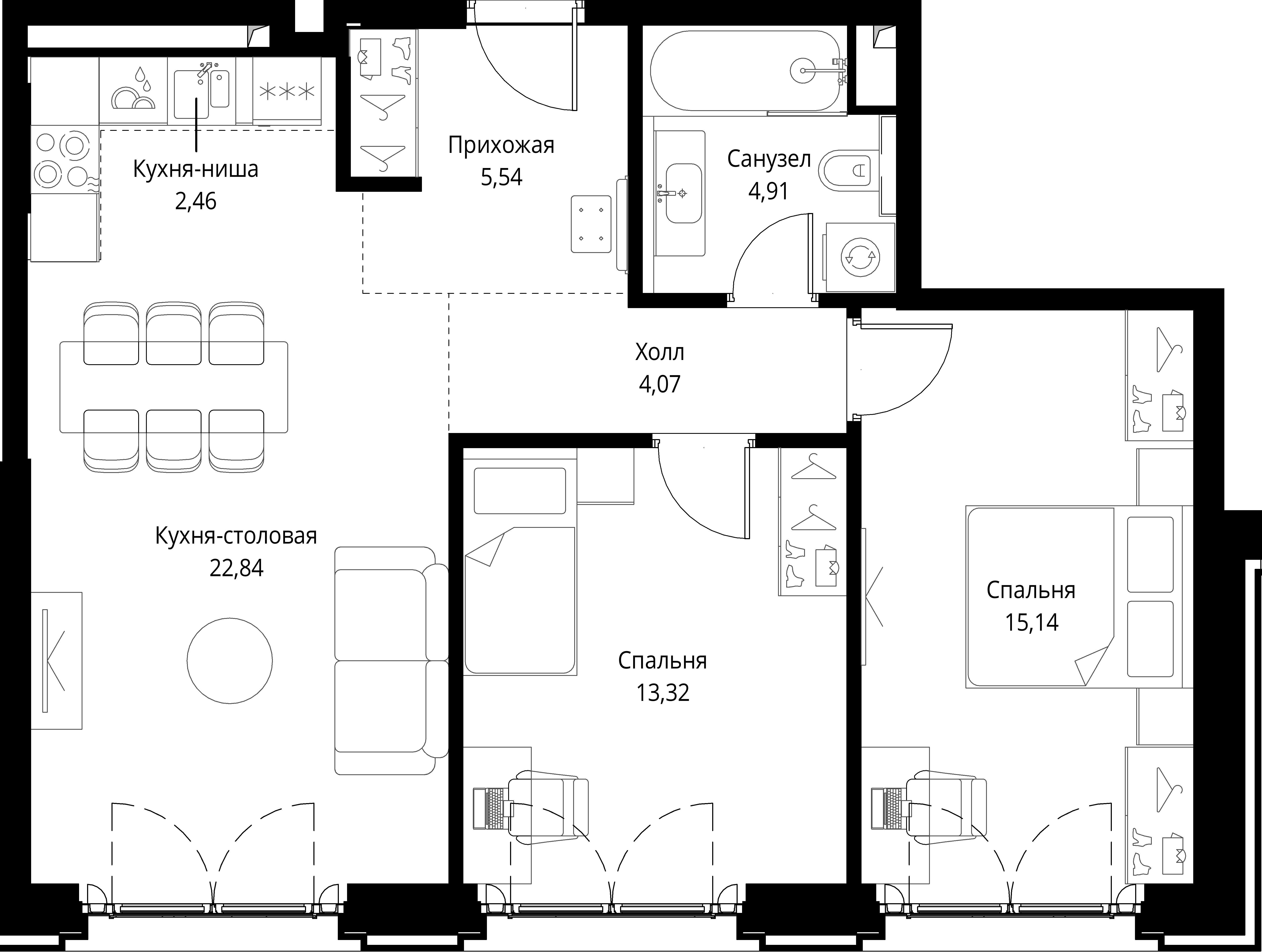 2 комн. квартира, 72.8 м², 2 этаж 