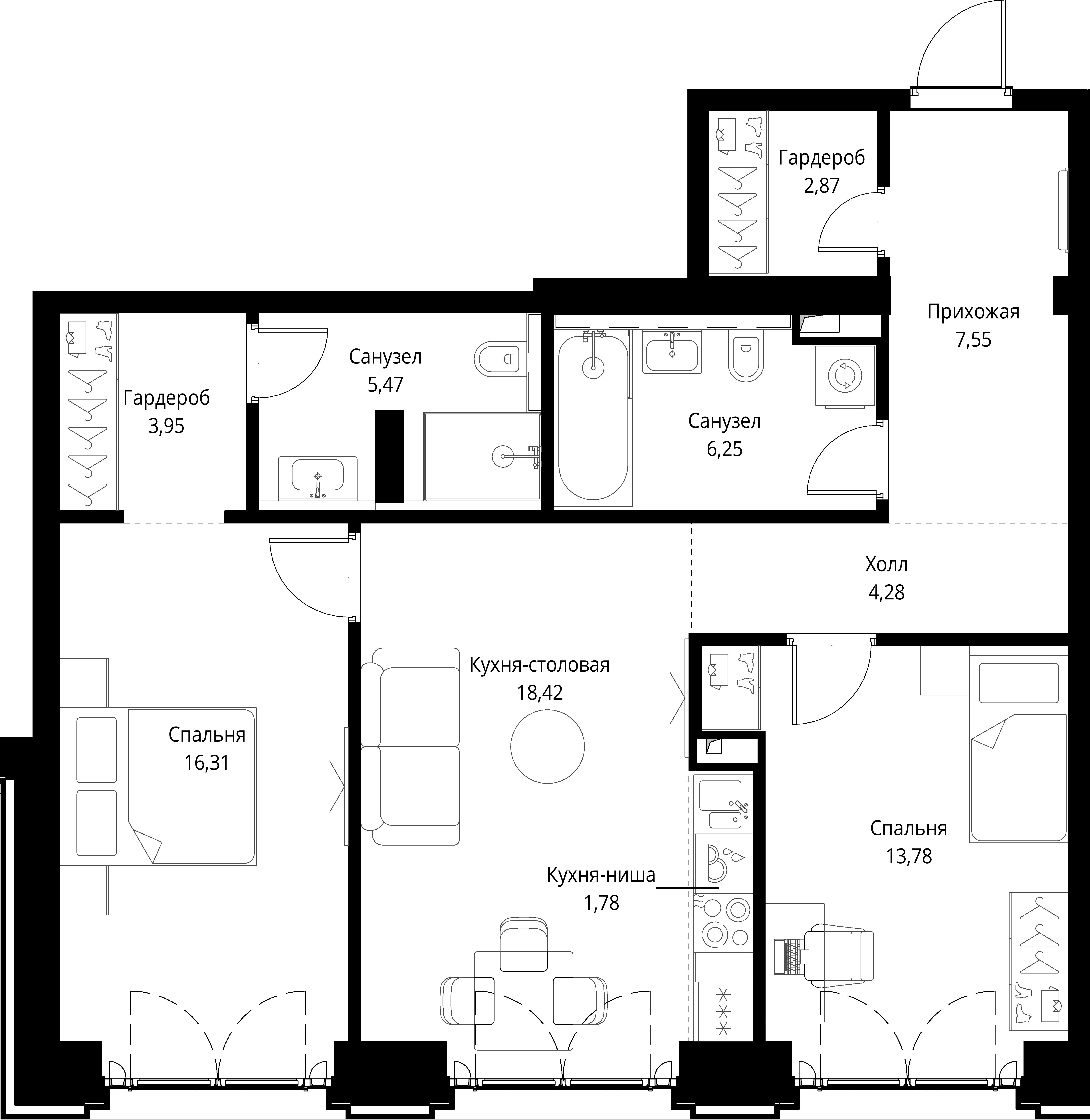 2 комн. квартира, 80.7 м², 2 этаж 