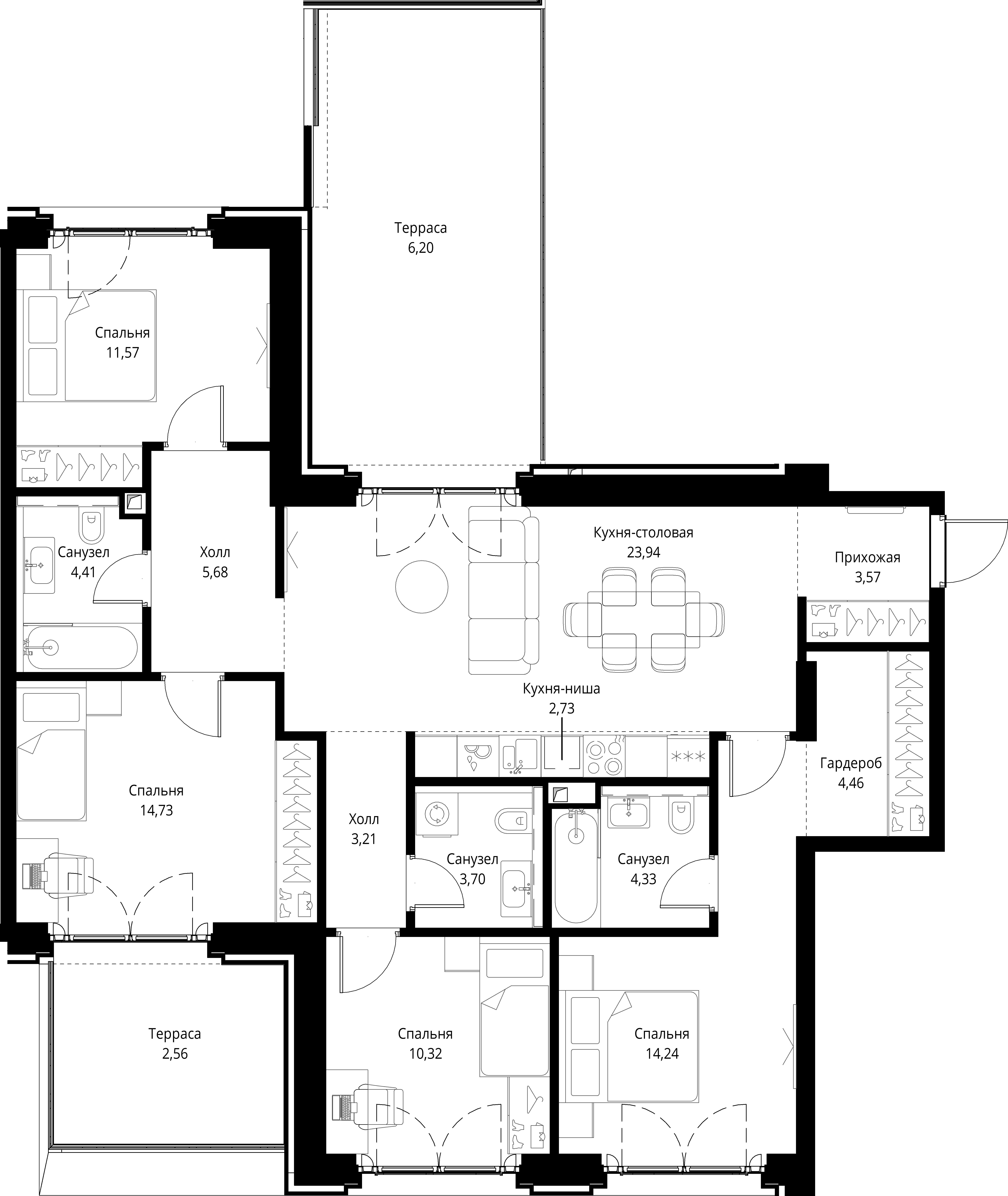 4 комн. квартира, 115.7 м², 2 этаж 