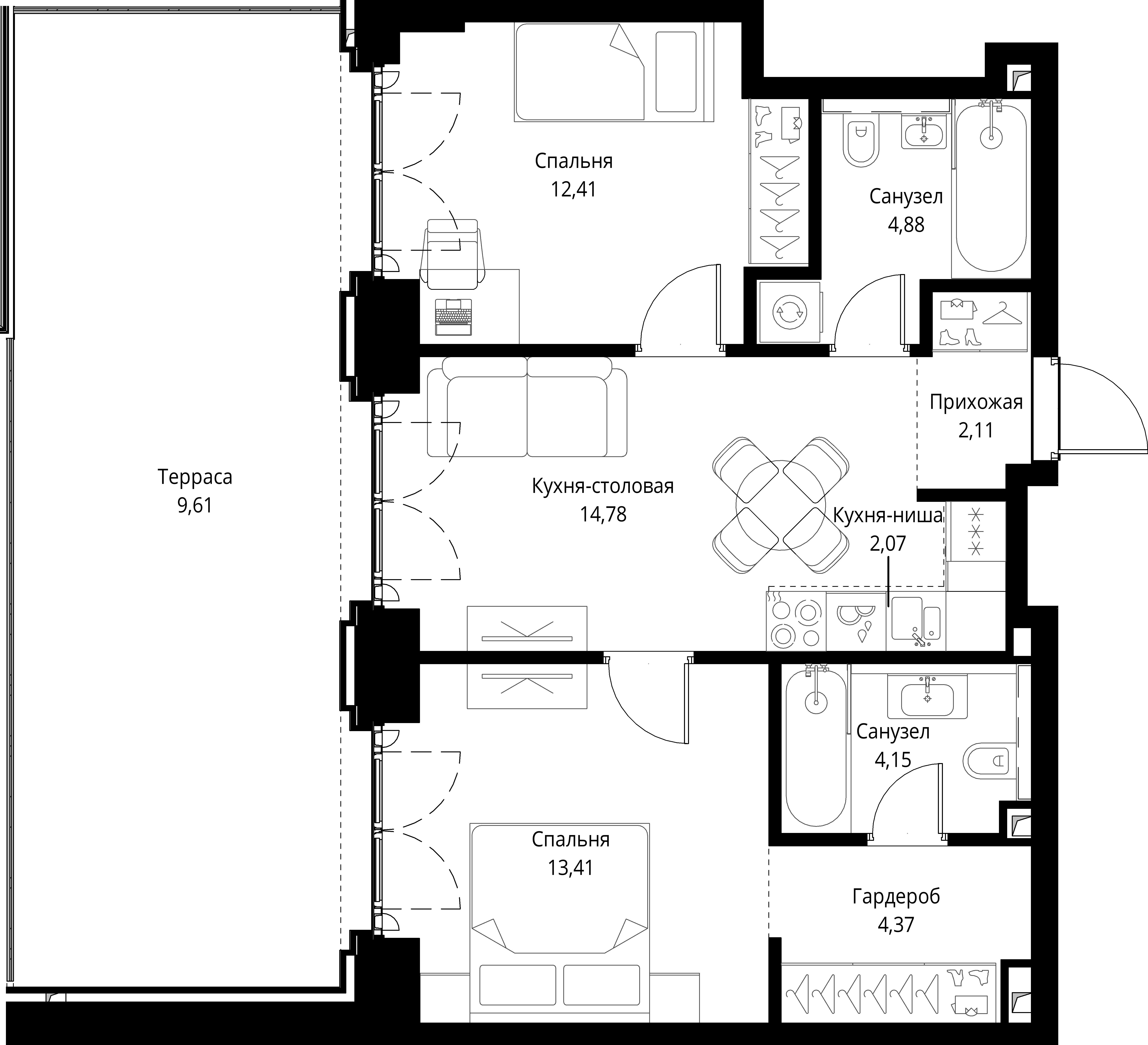 2 комн. квартира, 67.8 м², 2 этаж 