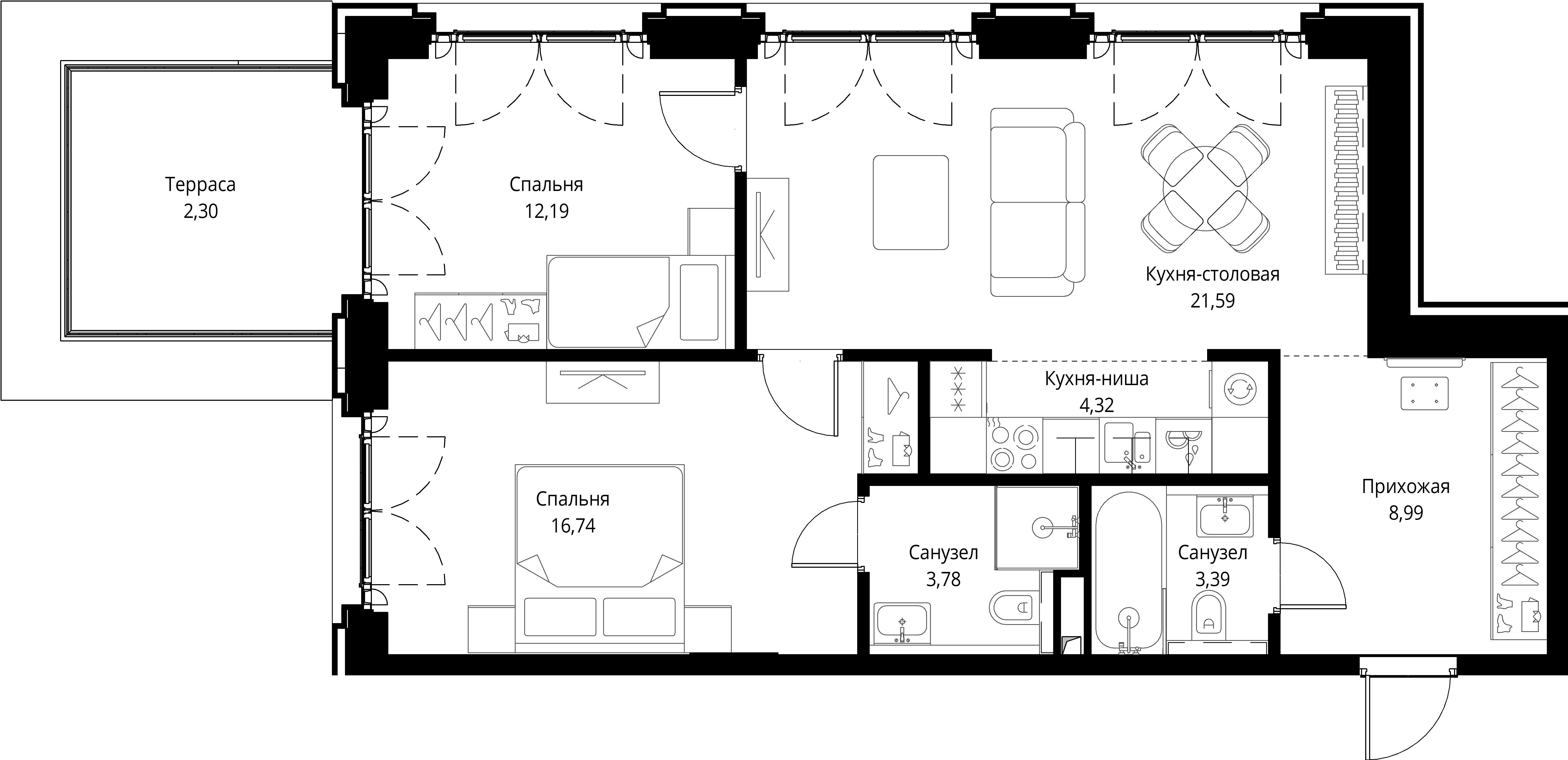 2 комн. квартира, 73.3 м², 10 этаж 