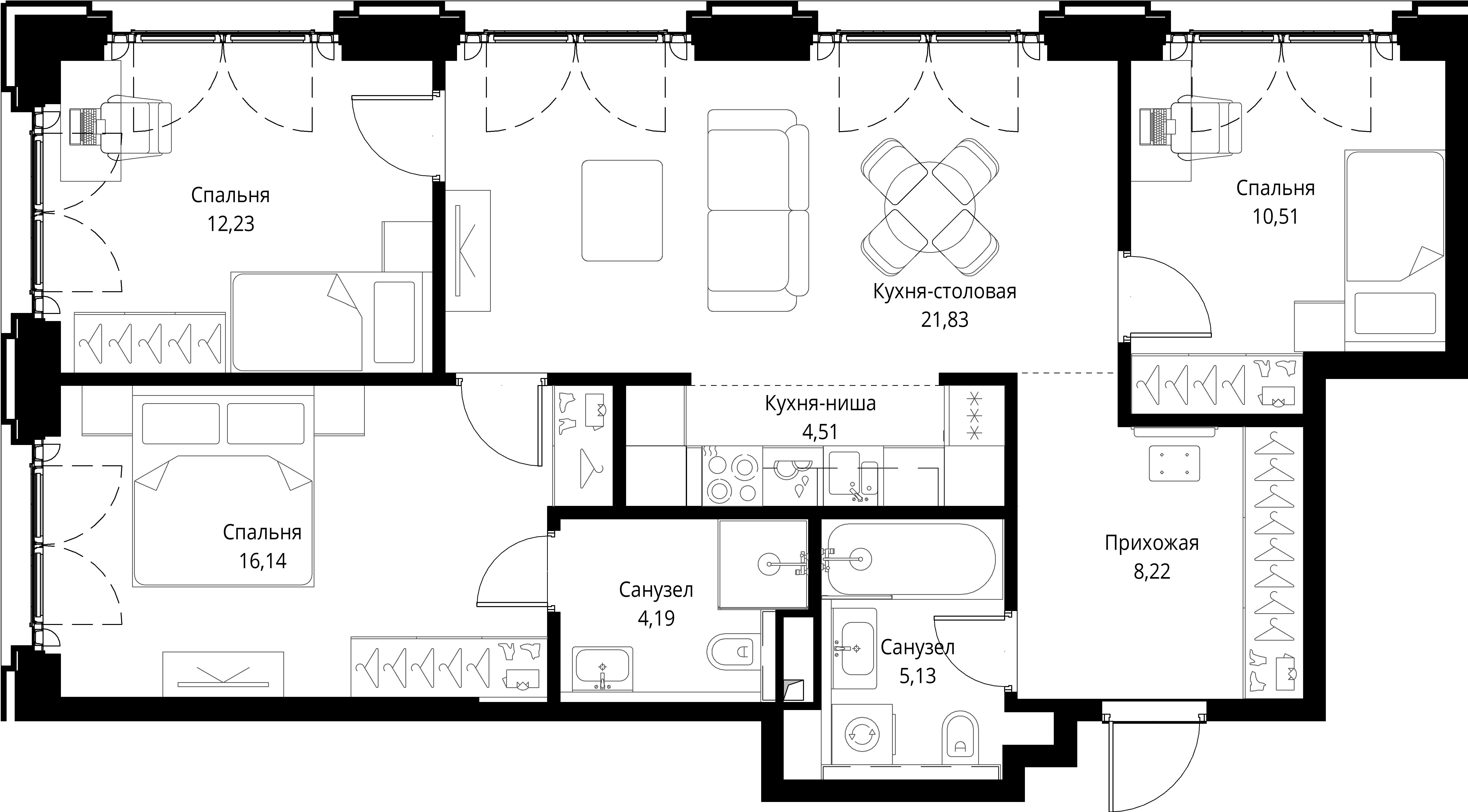 3 комн. квартира, 82.8 м², 13 этаж 