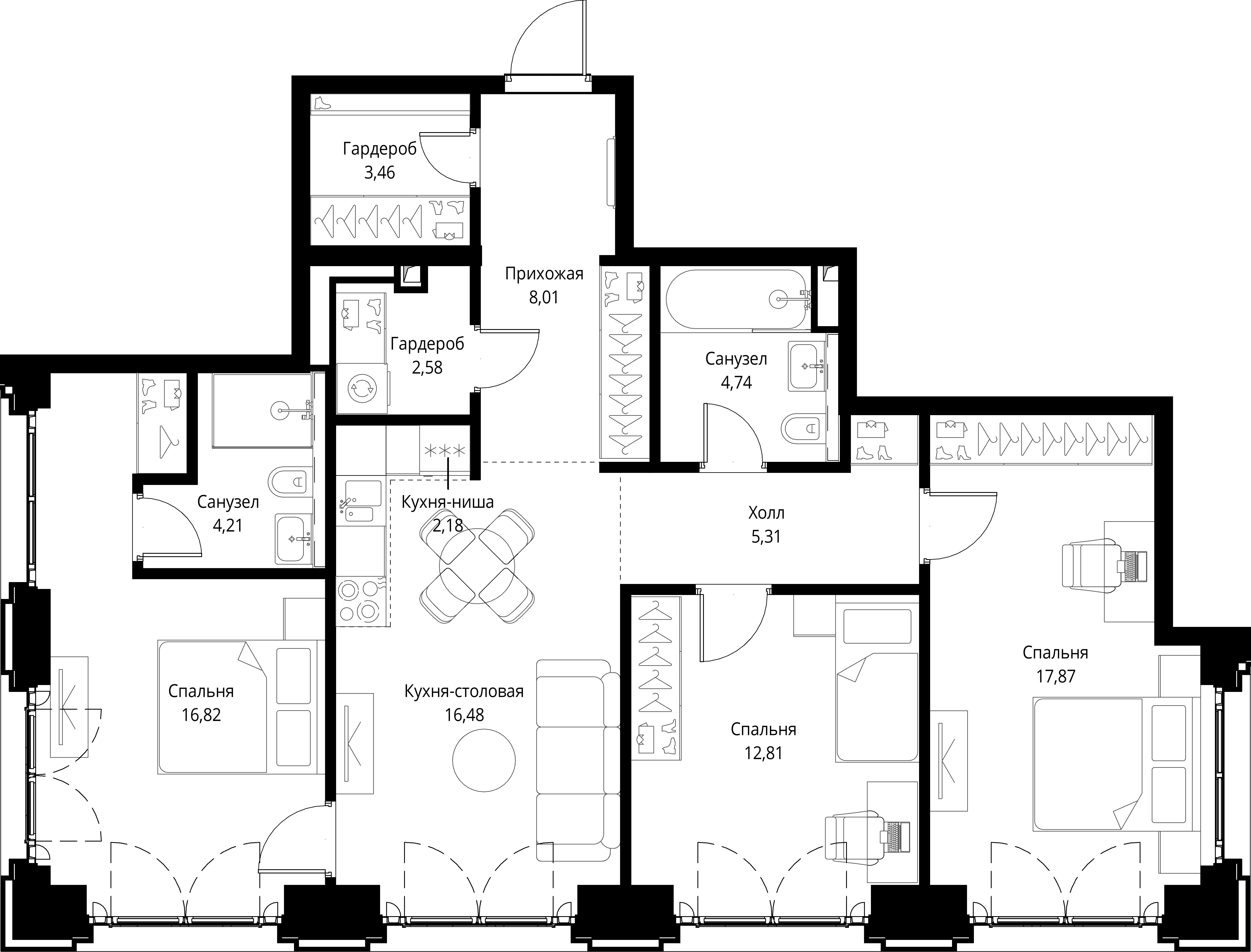 3 комн. квартира, 94.5 м², 9 этаж 