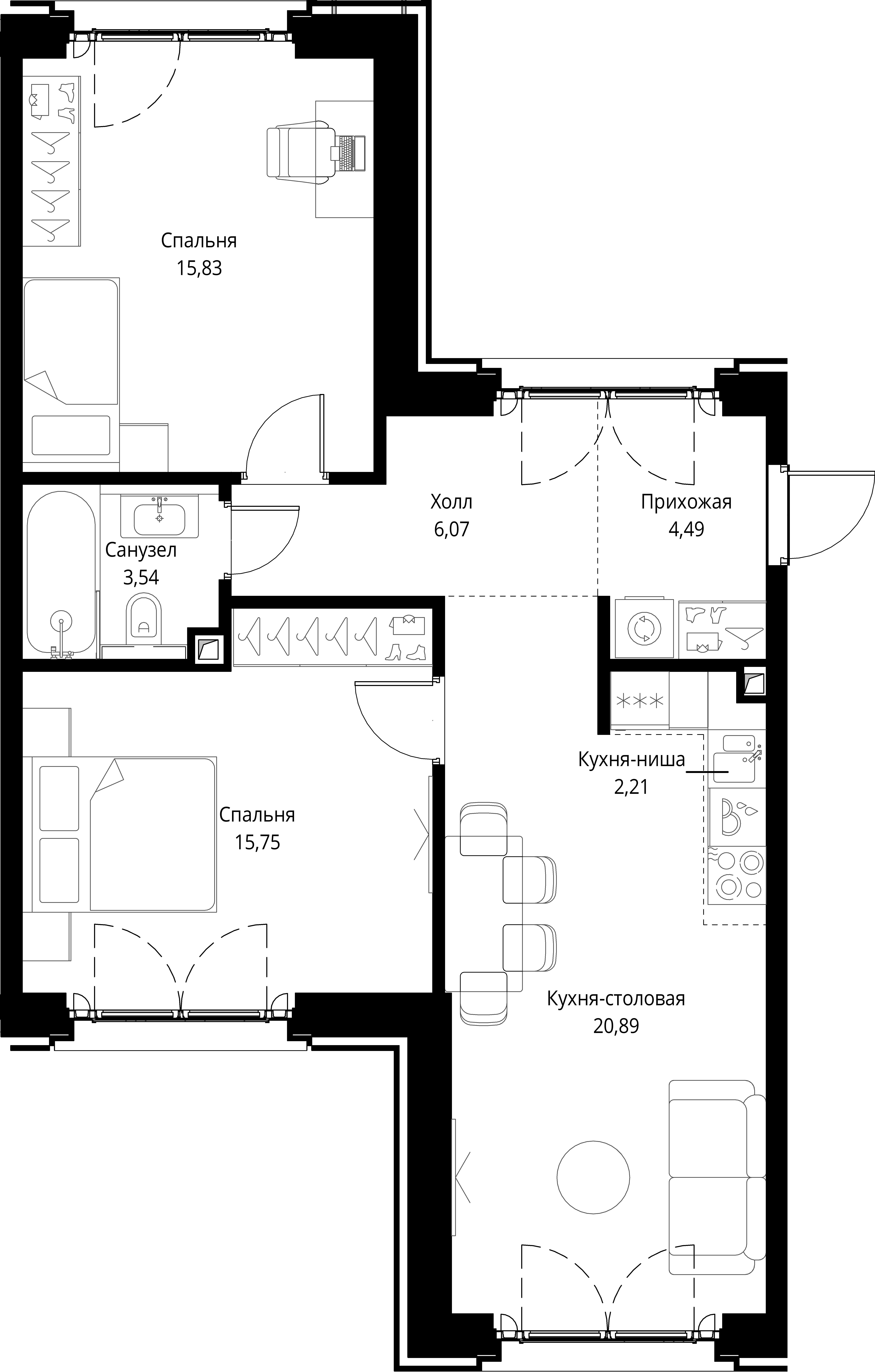 2 комн. квартира, 68.8 м², 3 этаж 