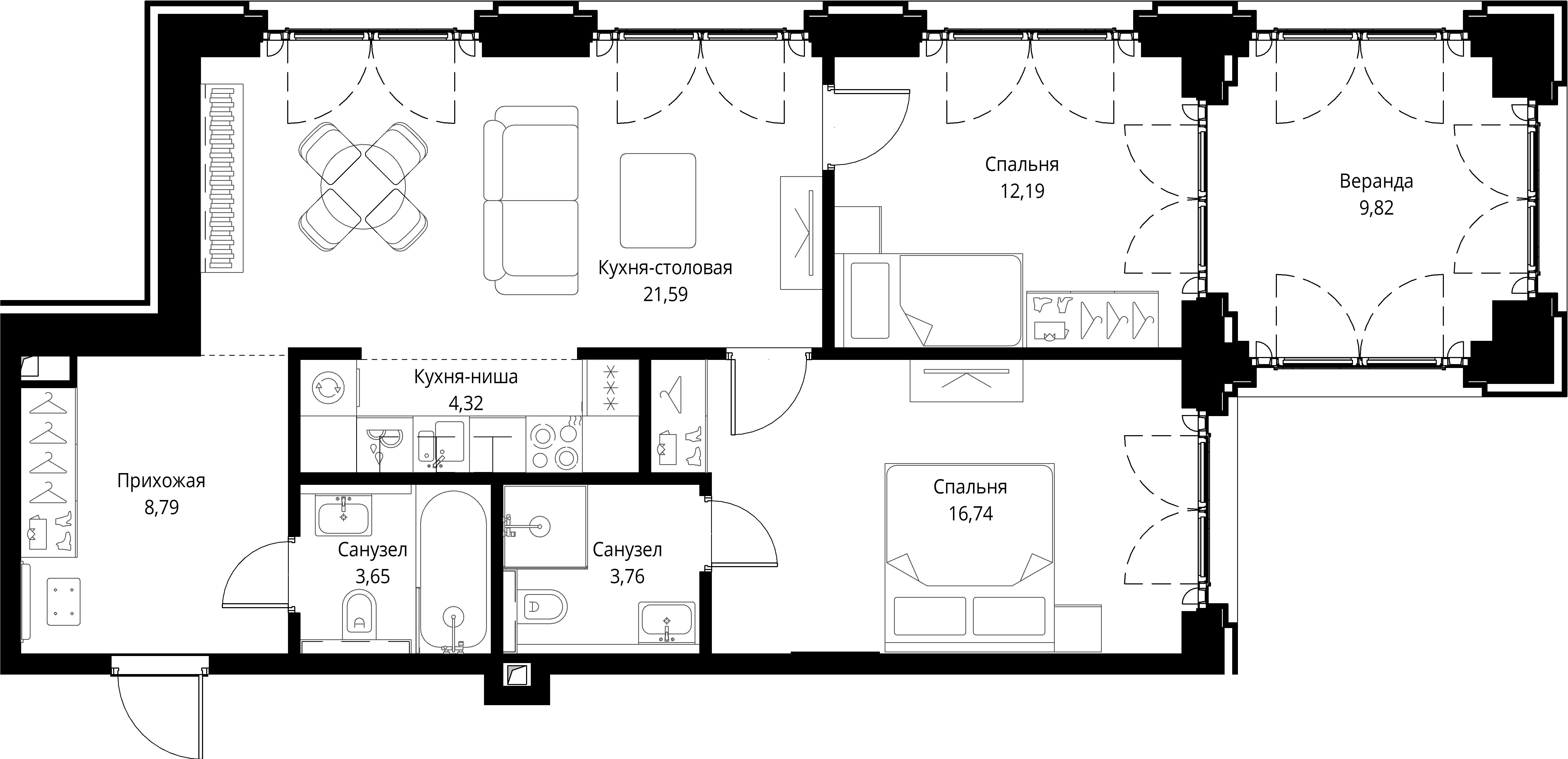2 комн. квартира, 80.9 м², 12 этаж 