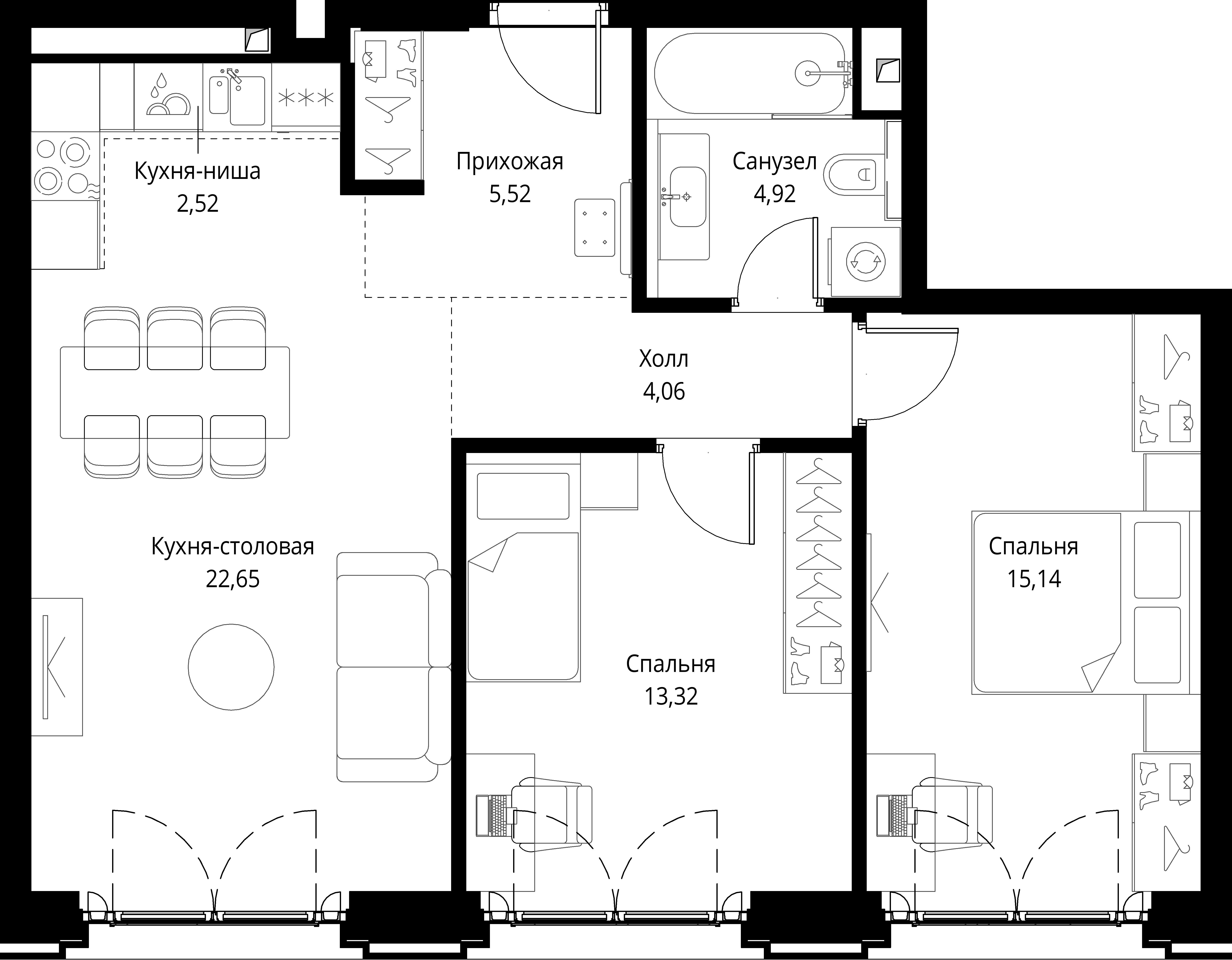 2 комн. квартира, 68.1 м², 2 этаж 