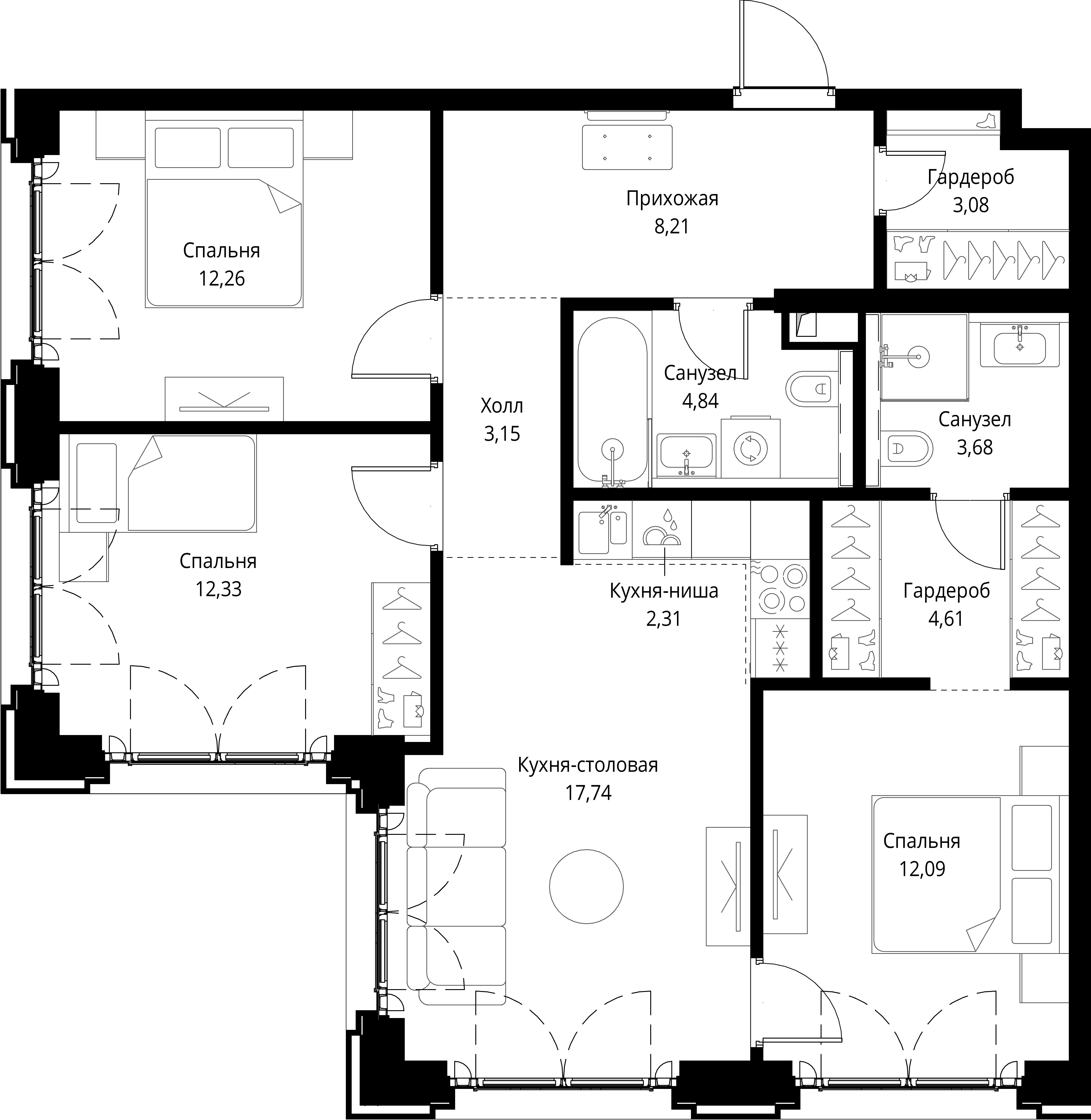 3 комн. квартира, 84.3 м², 11 этаж 