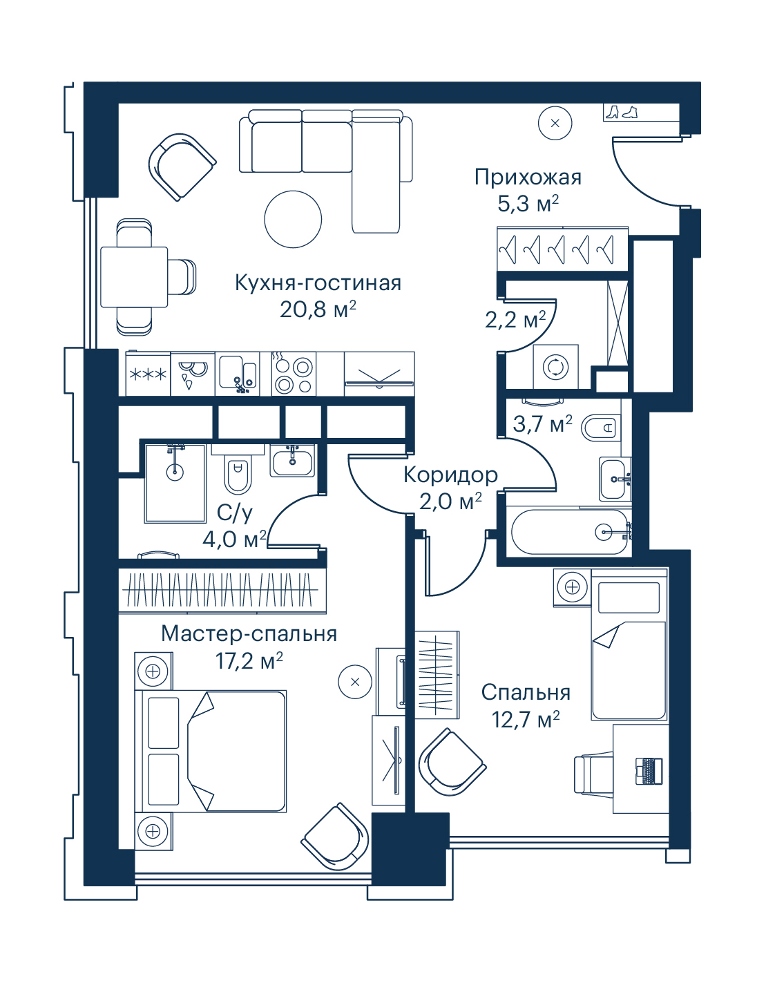 2 комн. квартира, 68 м², 42 этаж 
