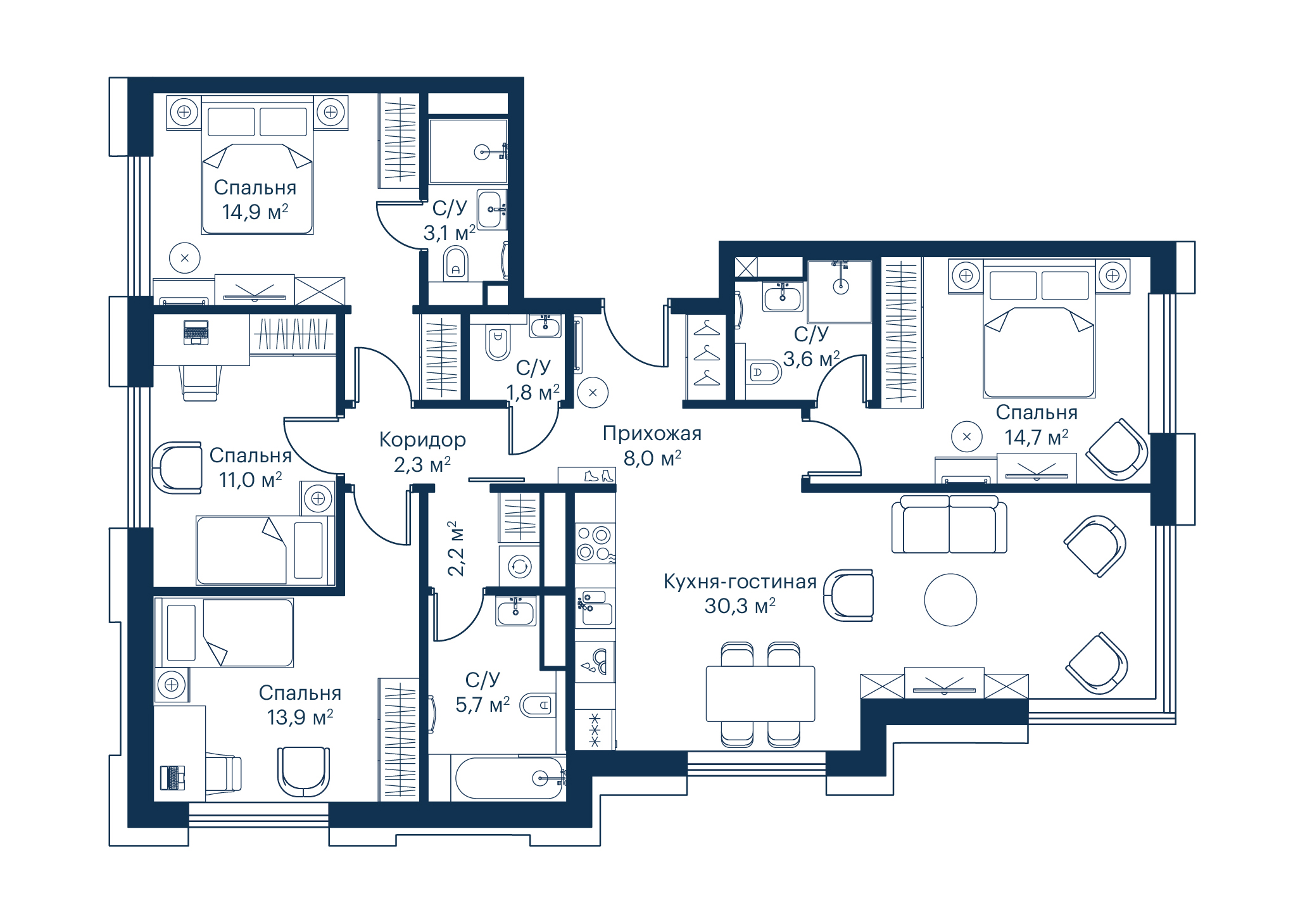 4 комн. квартира, 111.7 м², 5 этаж 
