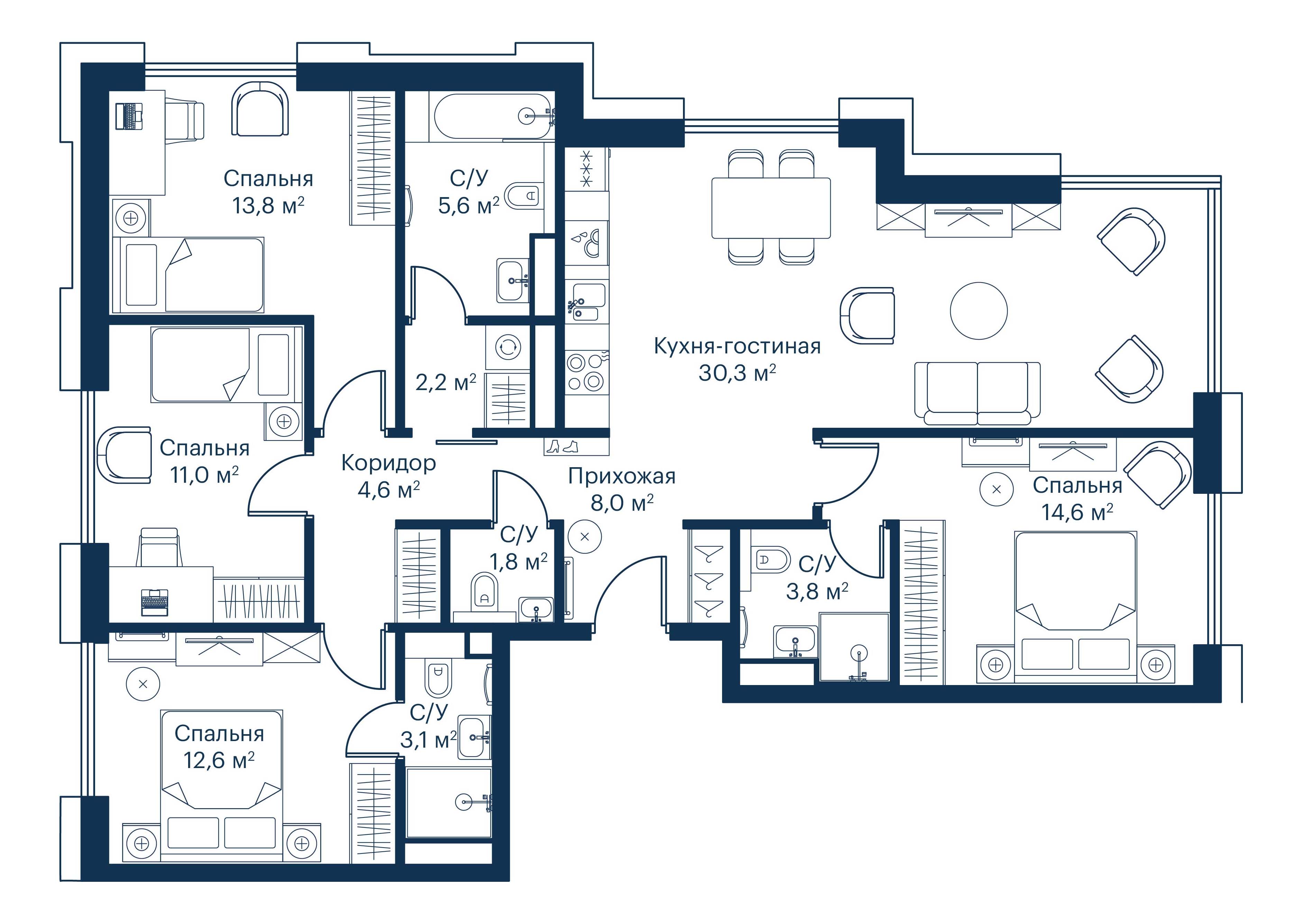 4 комн. квартира, 111.7 м², 7 этаж 