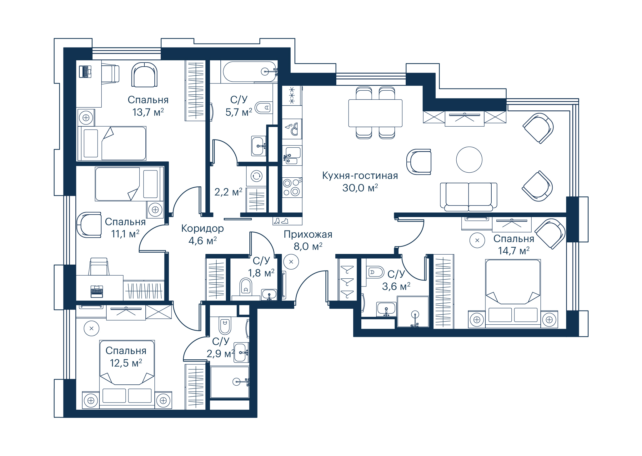 4 комн. квартира, 111.4 м², 14 этаж 