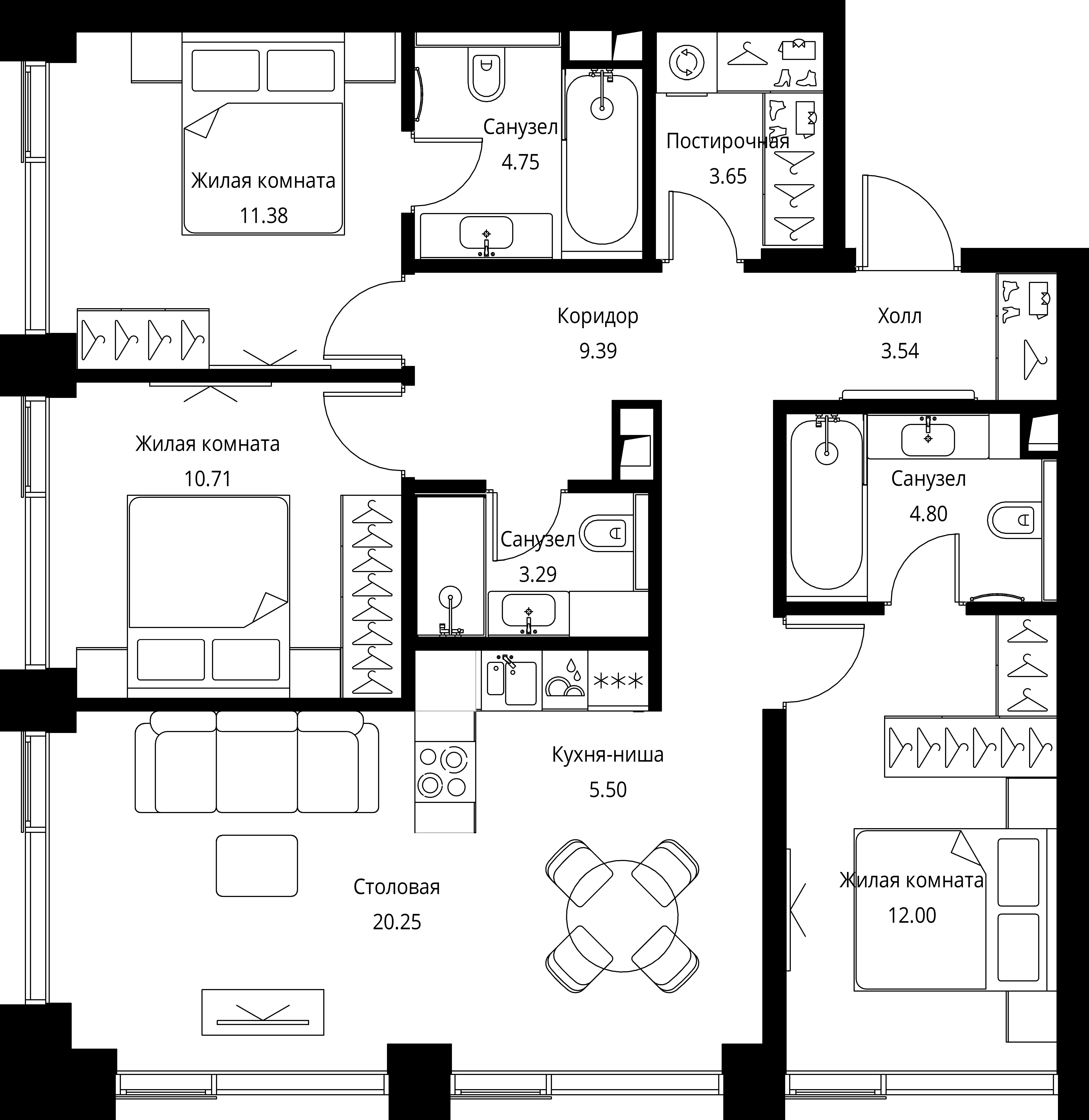3 комн. квартира, 89.3 м², 2 этаж 