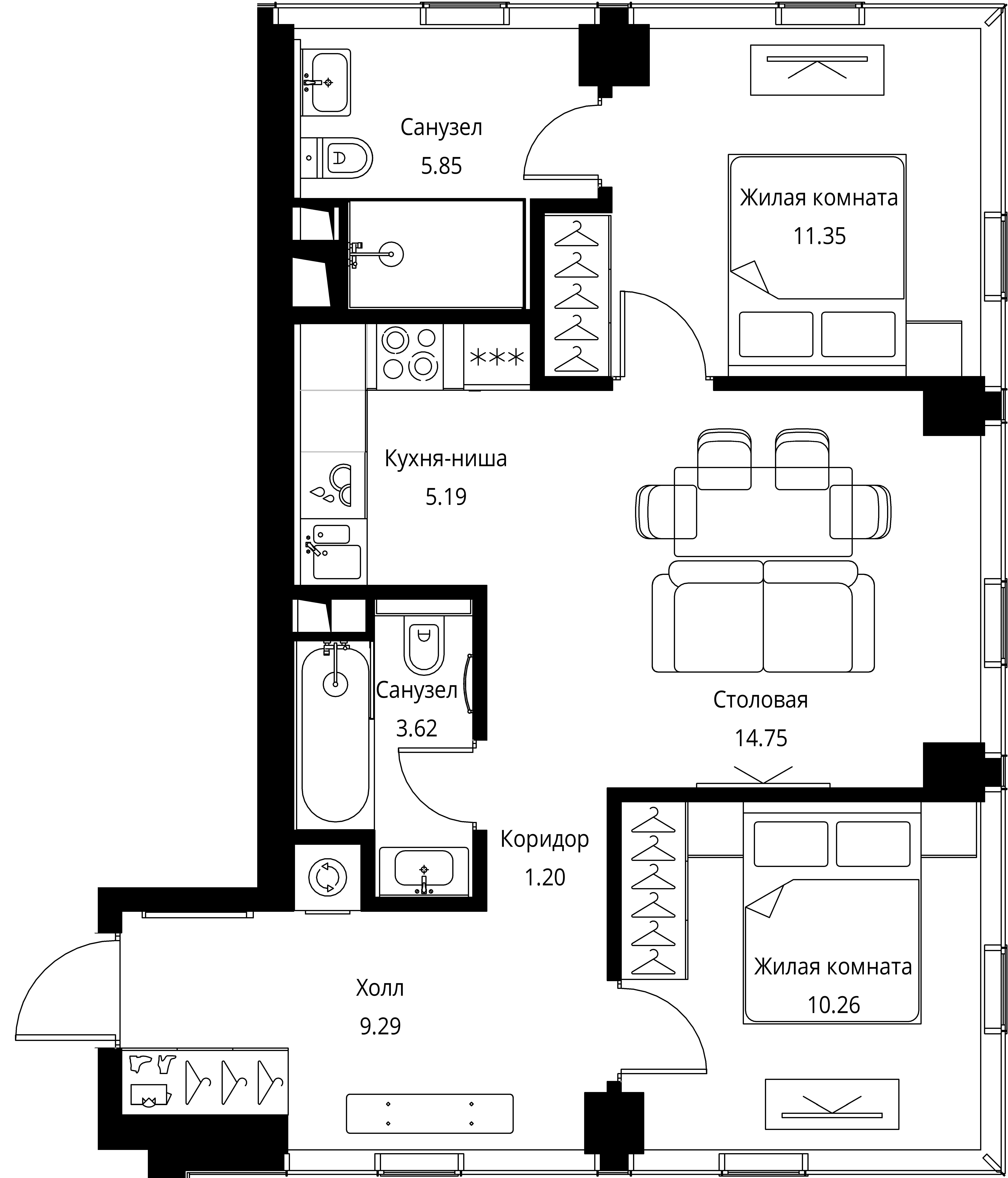 2 комн. квартира, 61.5 м², 5 этаж 