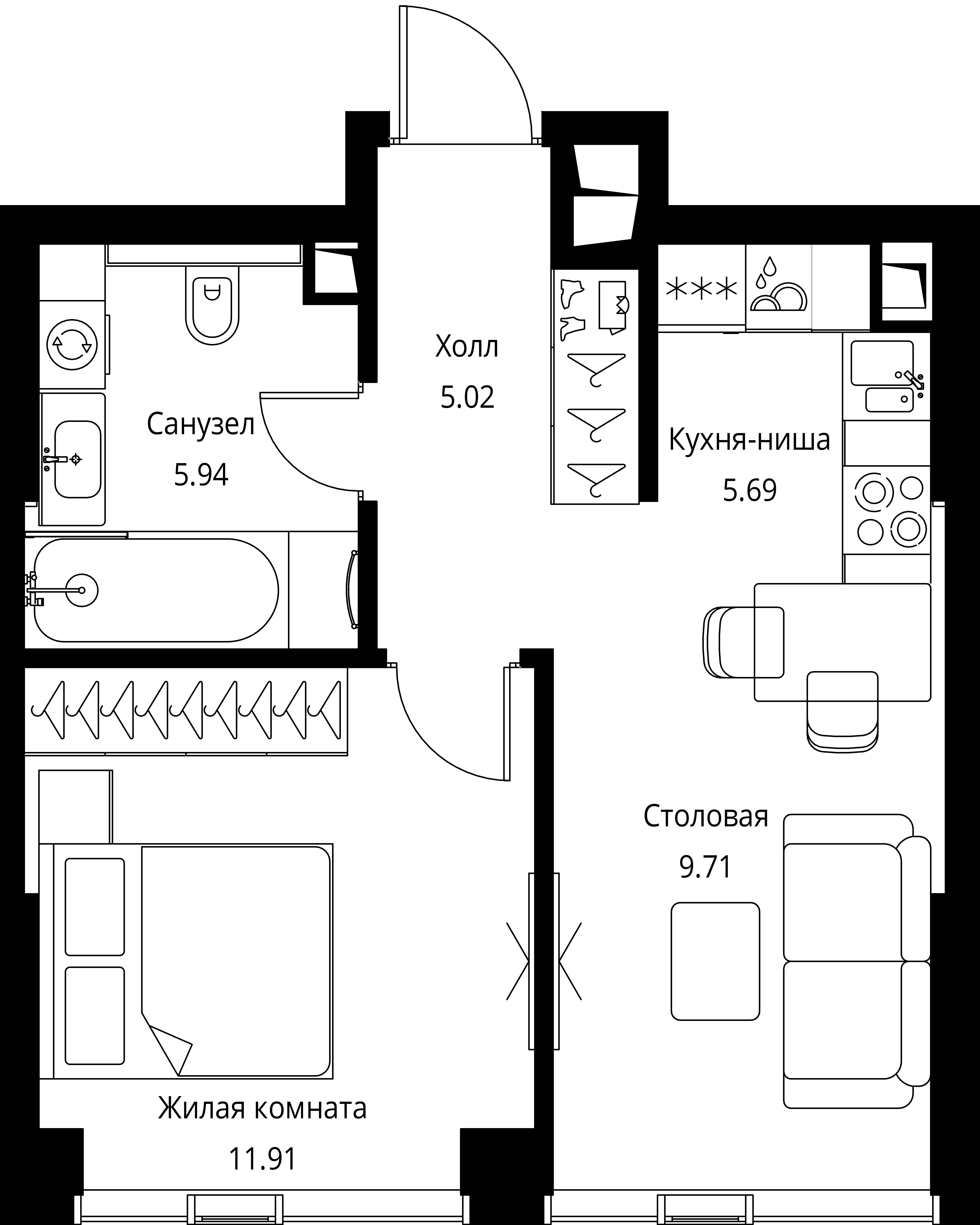 1 комн. квартира, 38.3 м², 29 этаж 