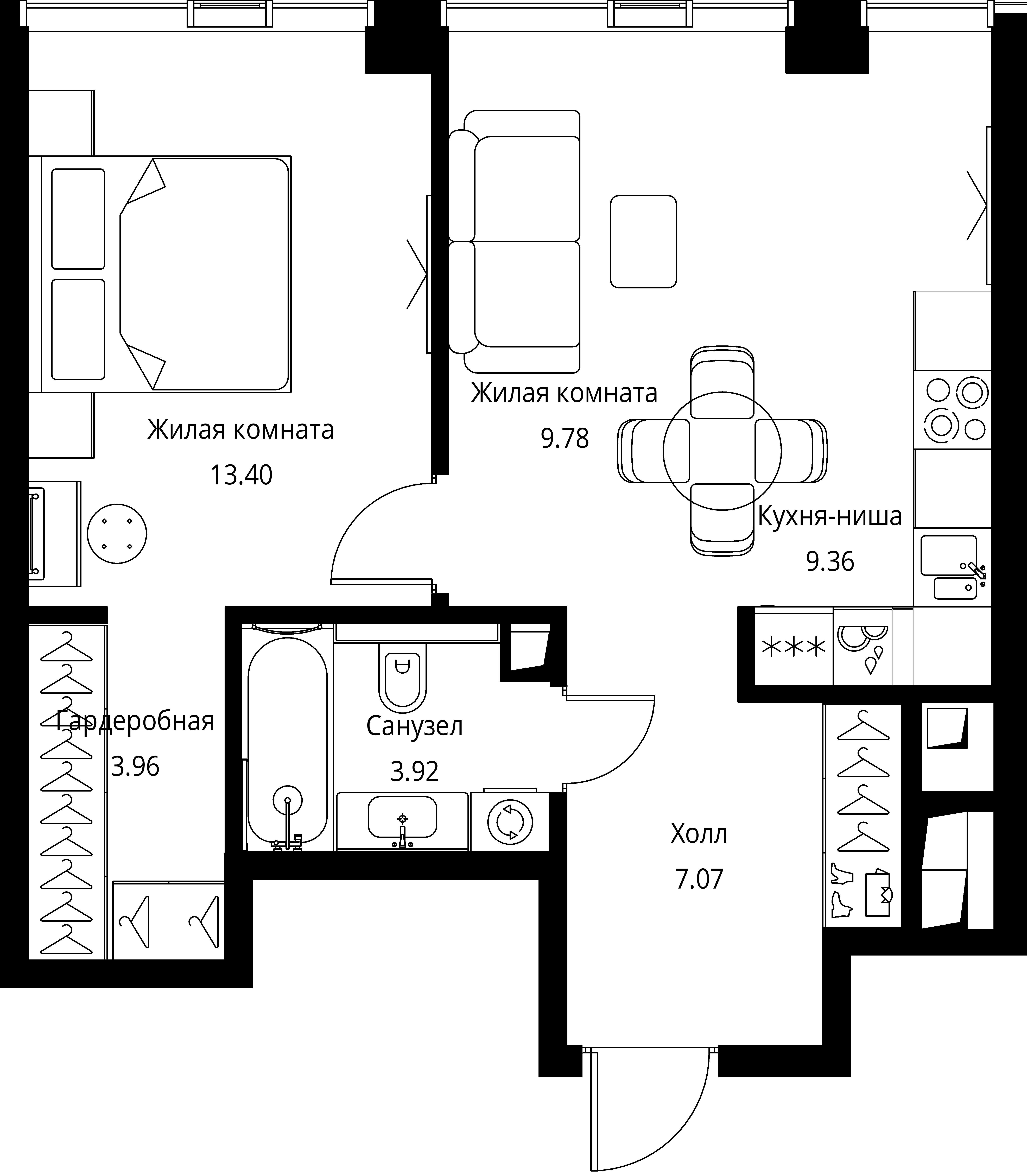 1 комн. квартира, 47.5 м², 32 этаж 