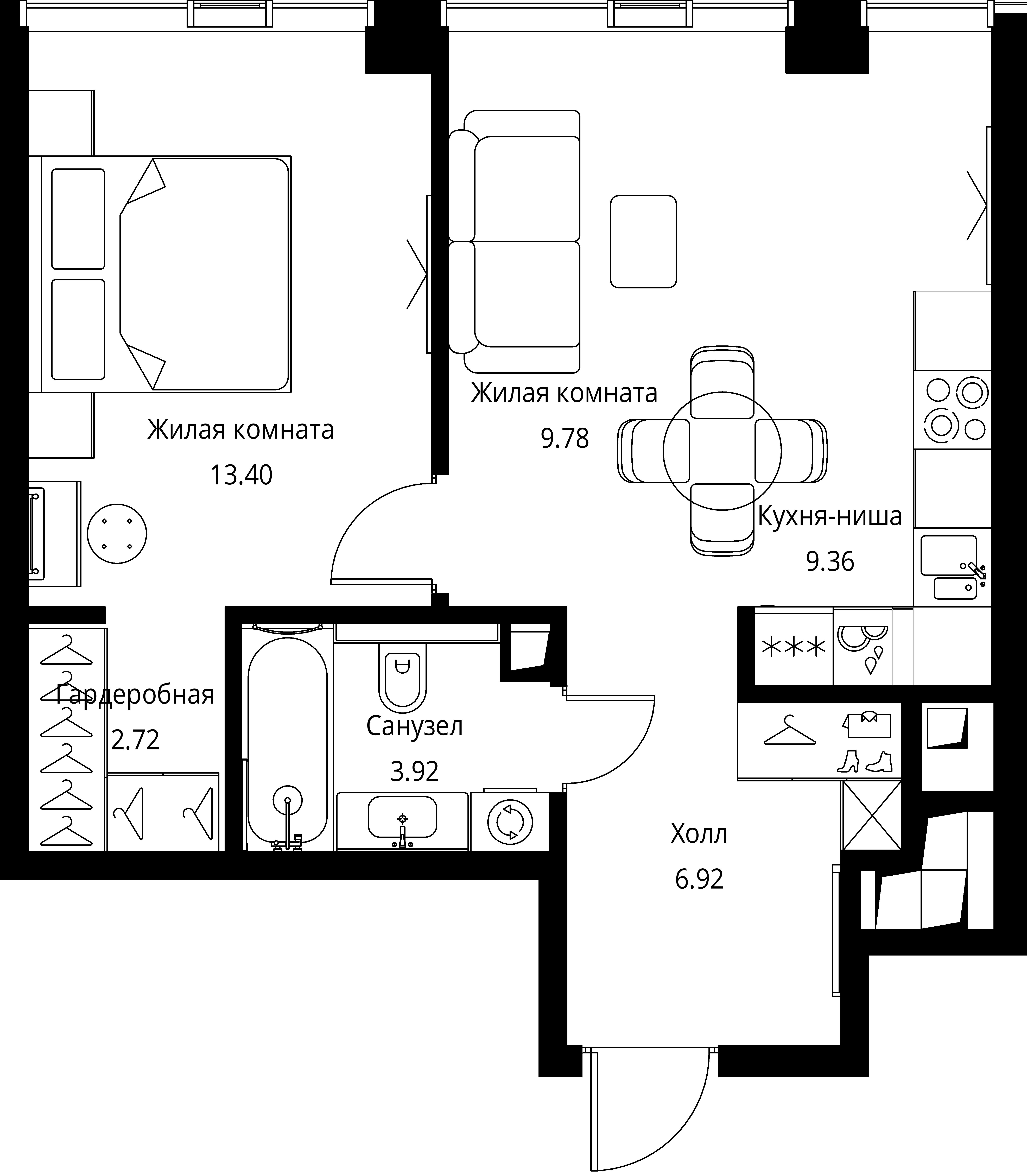 1 комн. квартира, 46.1 м², 38 этаж 
