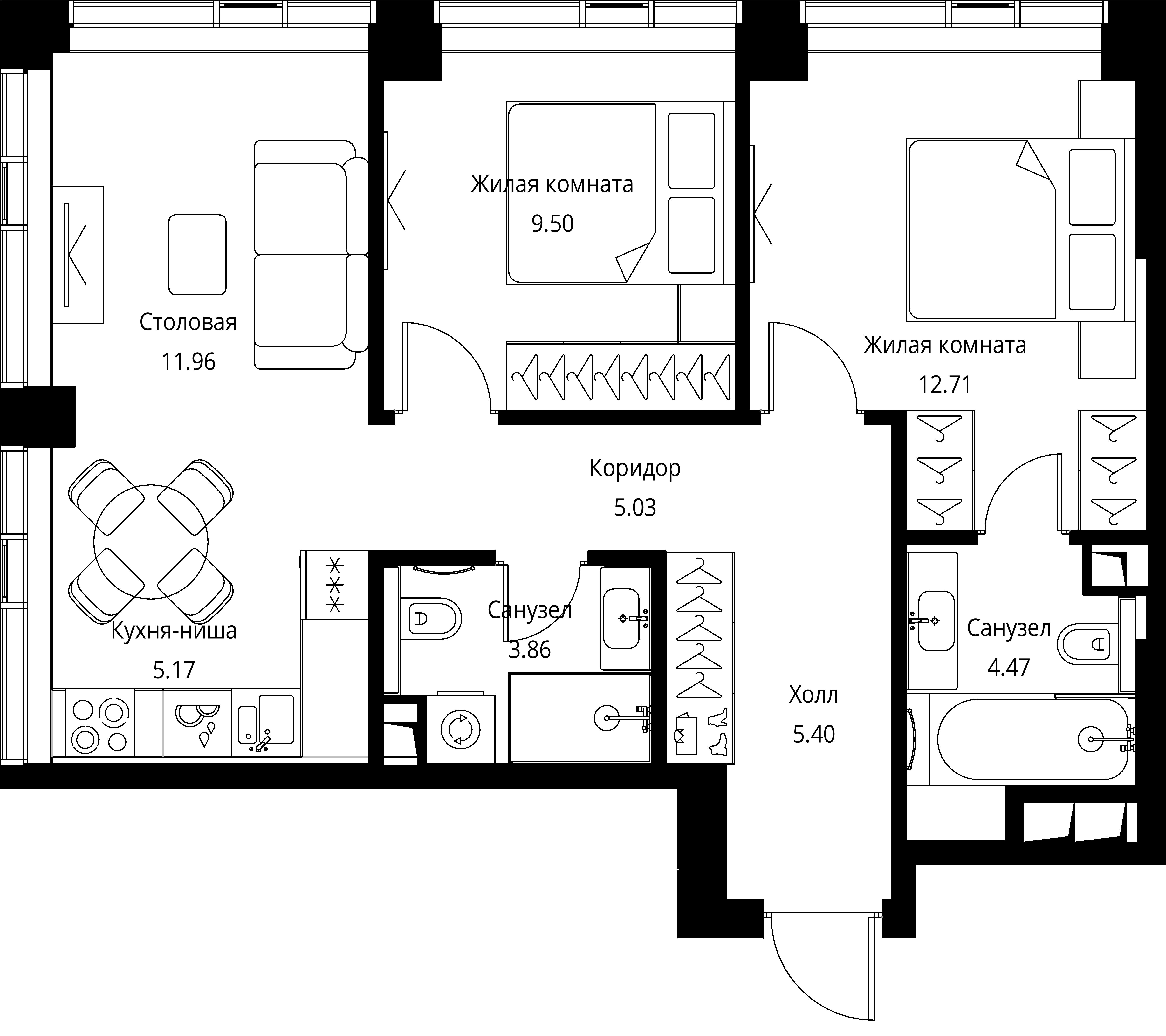 2 комн. квартира, 58.1 м², 18 этаж 