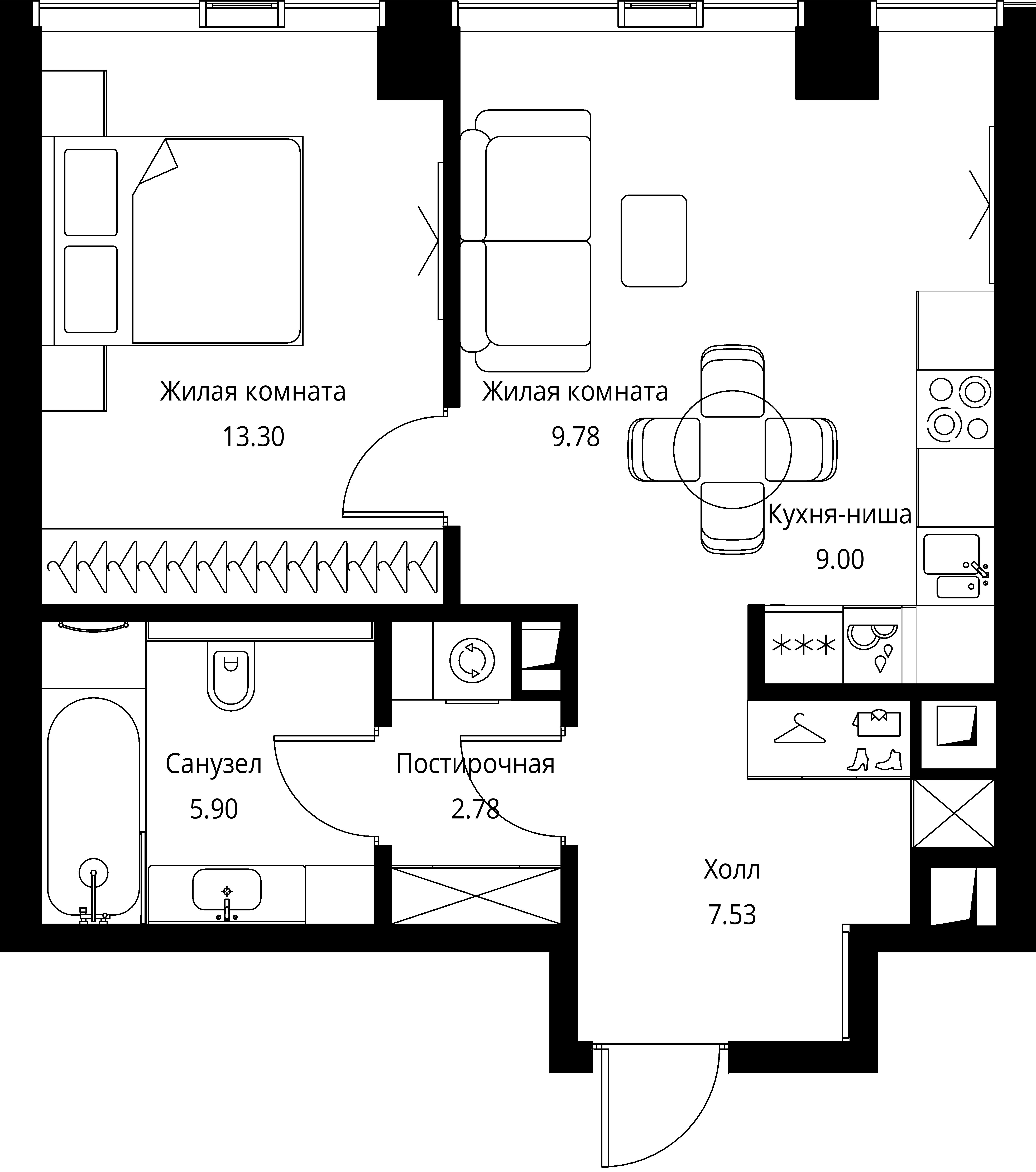 1 комн. квартира, 48.3 м², 4 этаж 