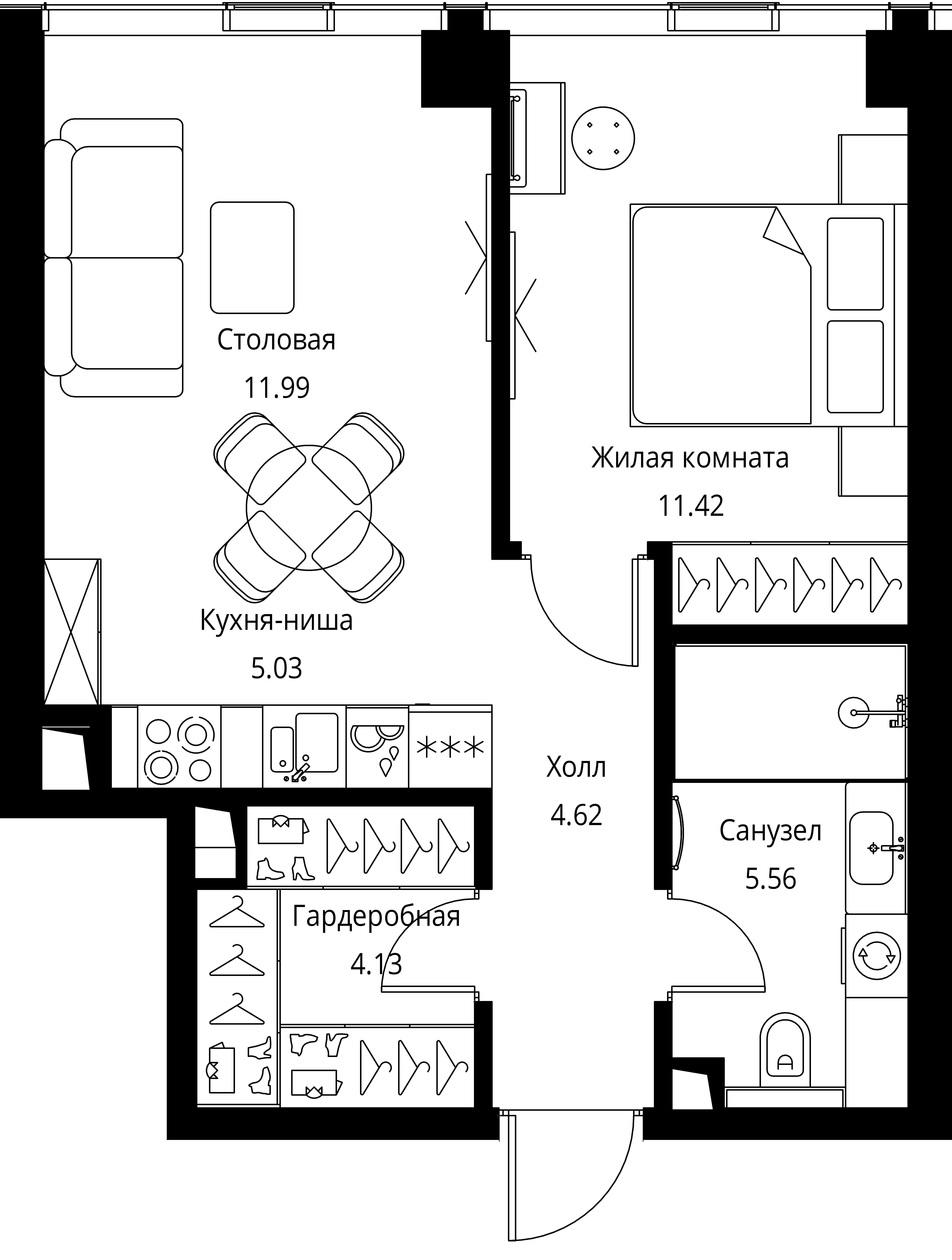 1 комн. квартира, 42.8 м², 10 этаж 