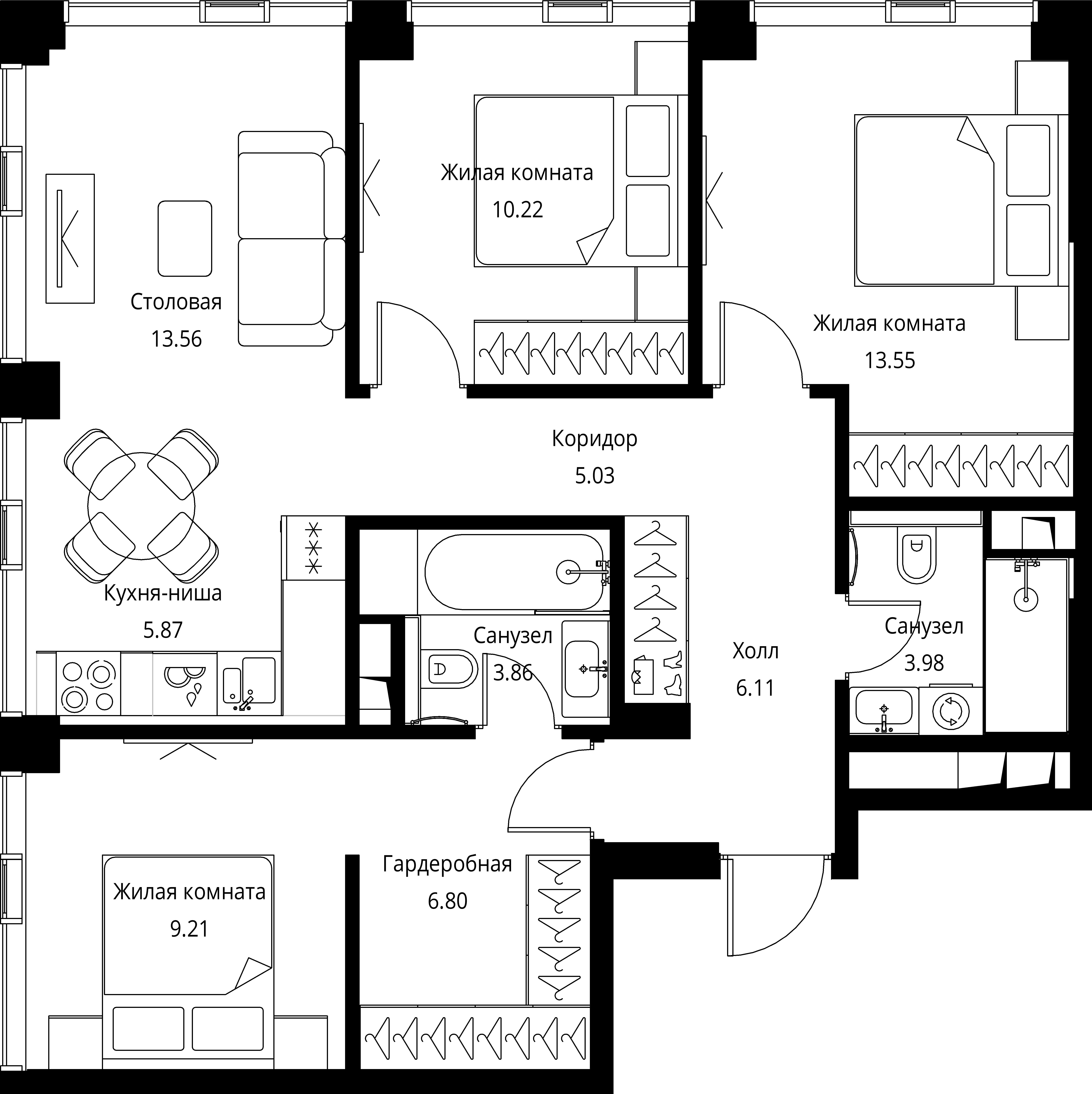 3 комн. квартира, 78.2 м², 32 этаж 