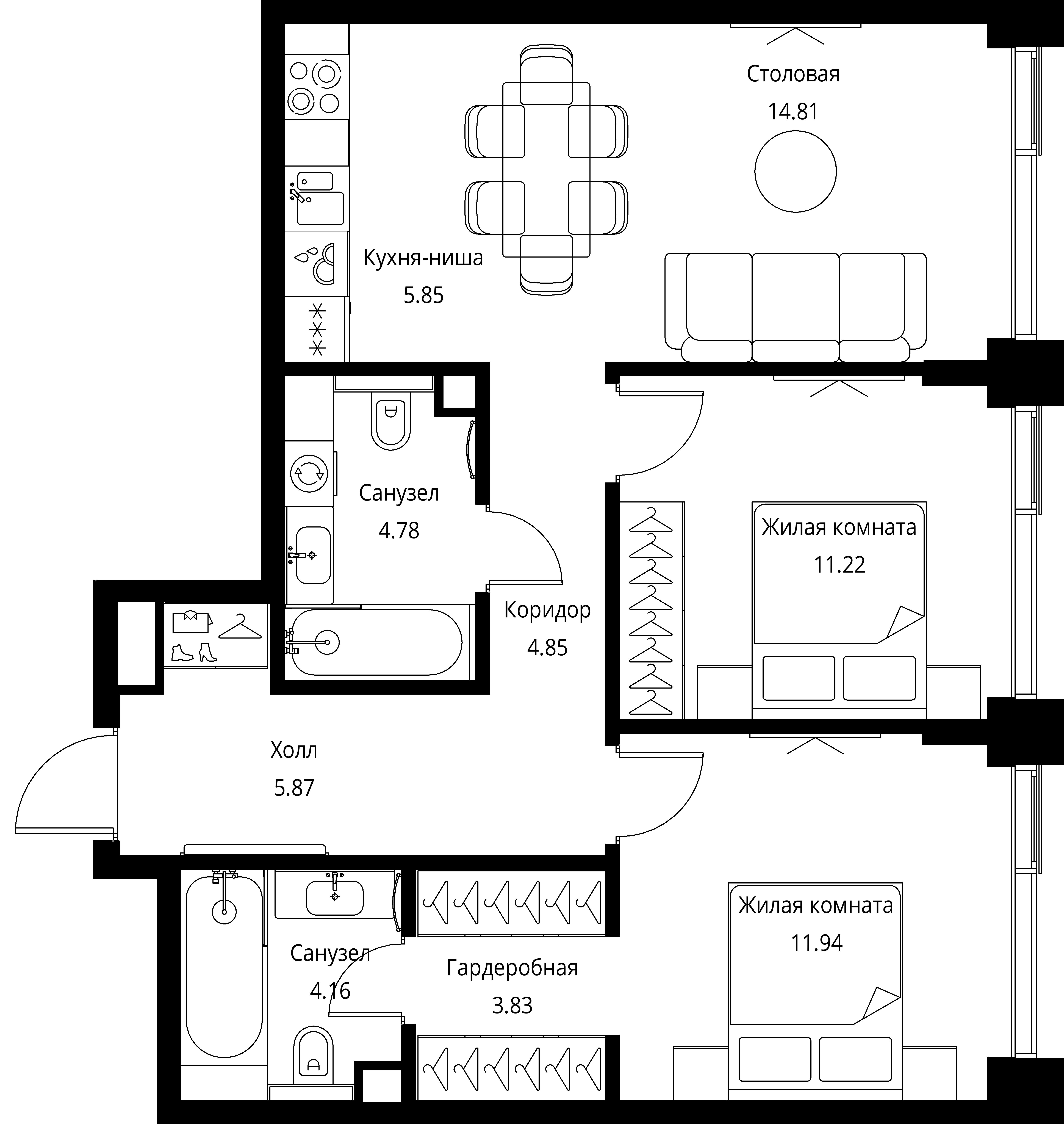 2 комн. квартира, 67.3 м², 23 этаж 