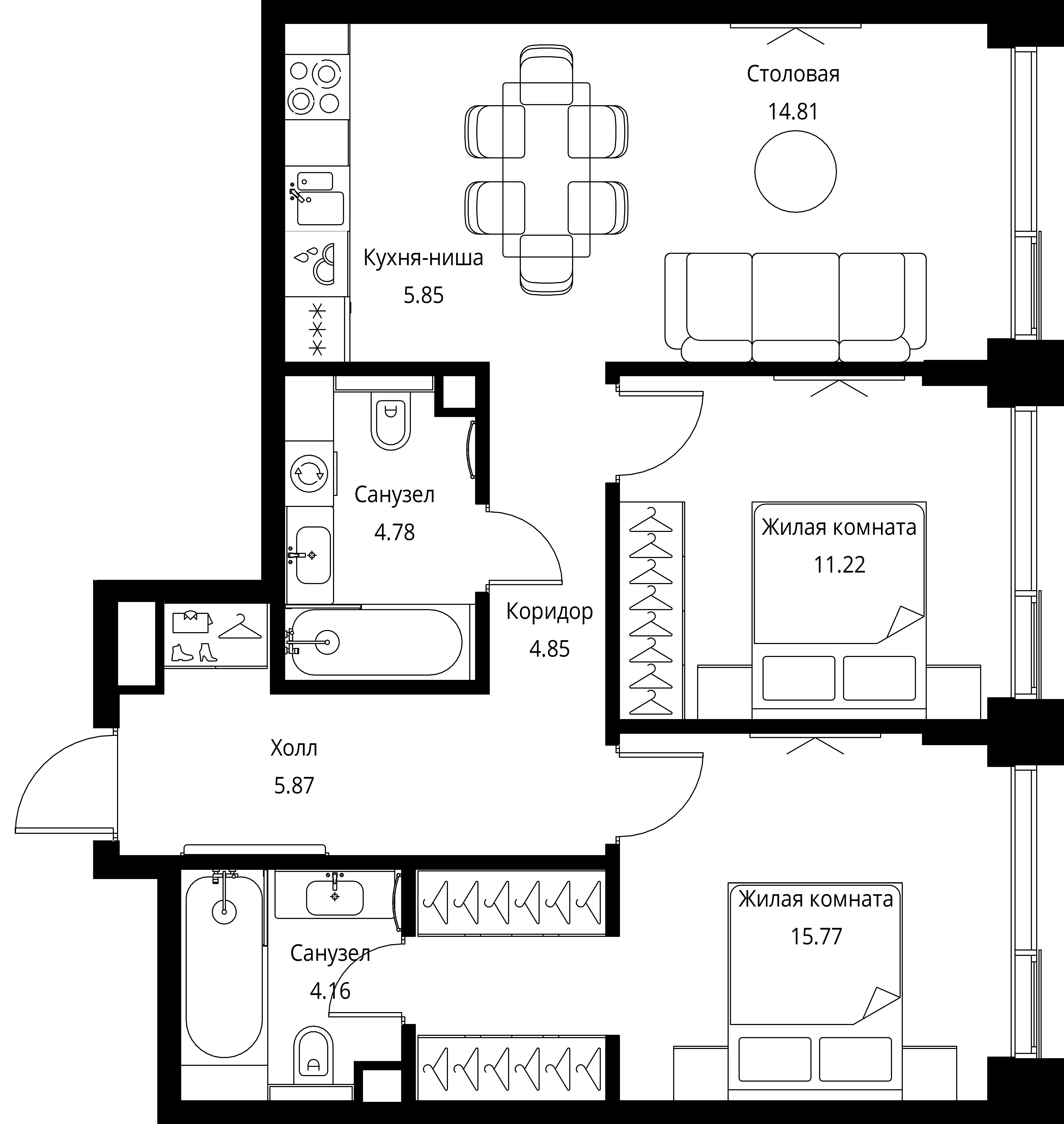 2 комн. квартира, 67.3 м², 16 этаж 